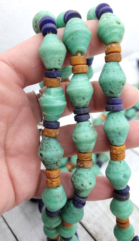 Turquoise Antique Rustic Looking Java Glass Beads Strand 10" 16-18mm x 13mm/Jewelry Supplies / Indones Beads / Lampwork Beads.