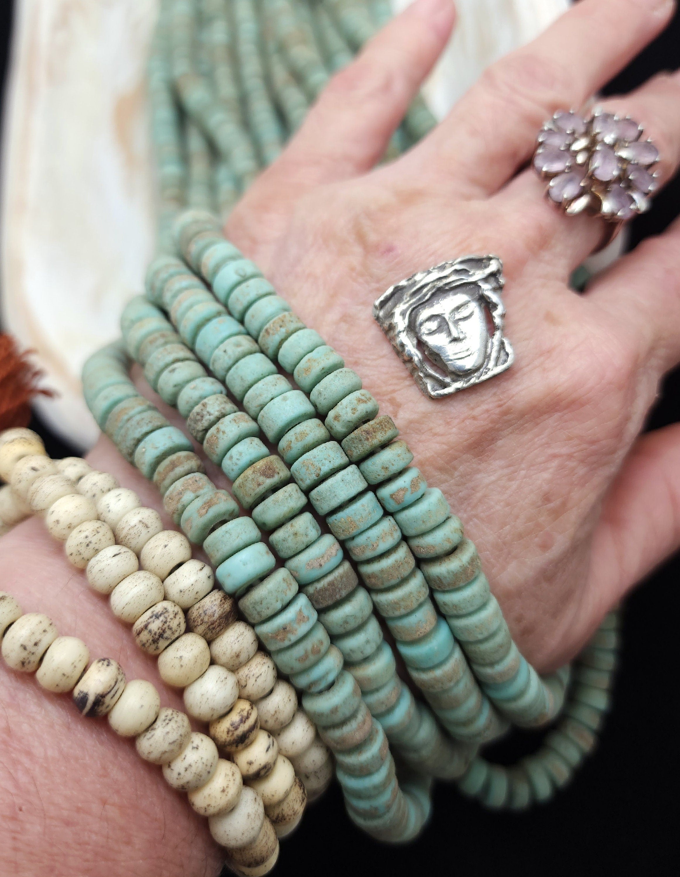 Pistachio Green Beads With Antique Rustic Accent / Handmade From Indonesia / 7-8mm 10"Long Strand / Java /Tribal / Jewelry Supplies.