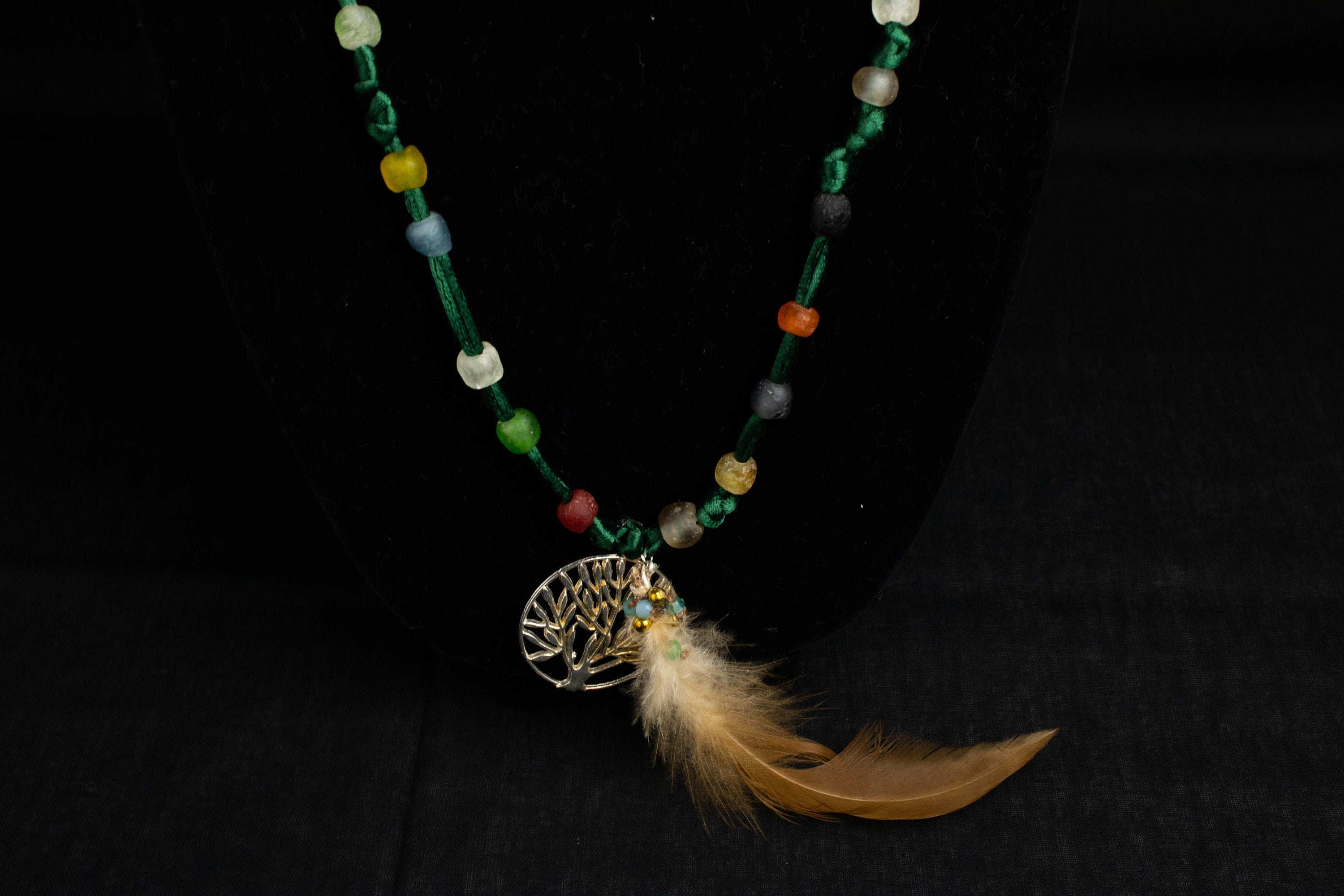 FINAL SALE!  Silk feather Necklace  pendant  African glass  Natural feather  Silk  crystal