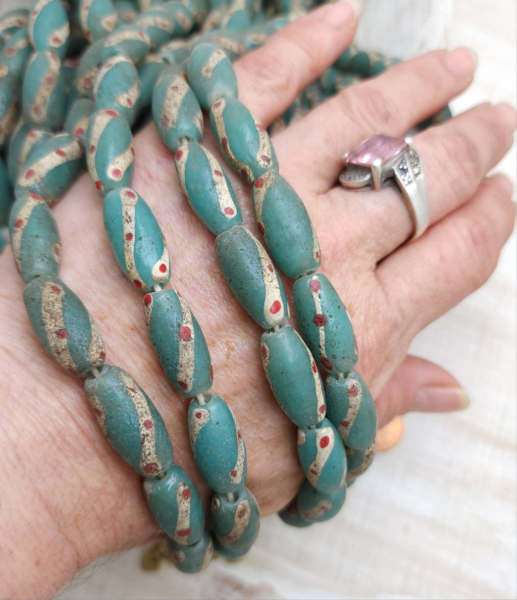 Teal Turquoise Old Accent Glass Beads Made By Thai Artisan Hands /Java / 10 Beads 18-20mm x 10mm /Jewelry Supplies / Vintage / Venetian