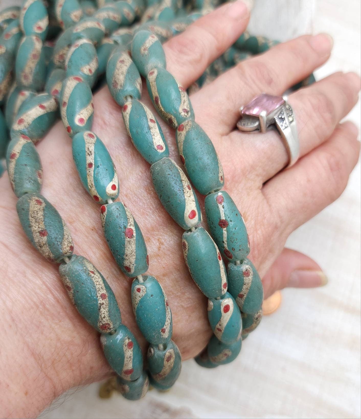 Teal Turquoise Old Accent Glass Beads Made By Thai Artisan Hands /Java / 10 Beads 18-20mm x 10mm /Jewelry Supplies / Vintage / Venetian