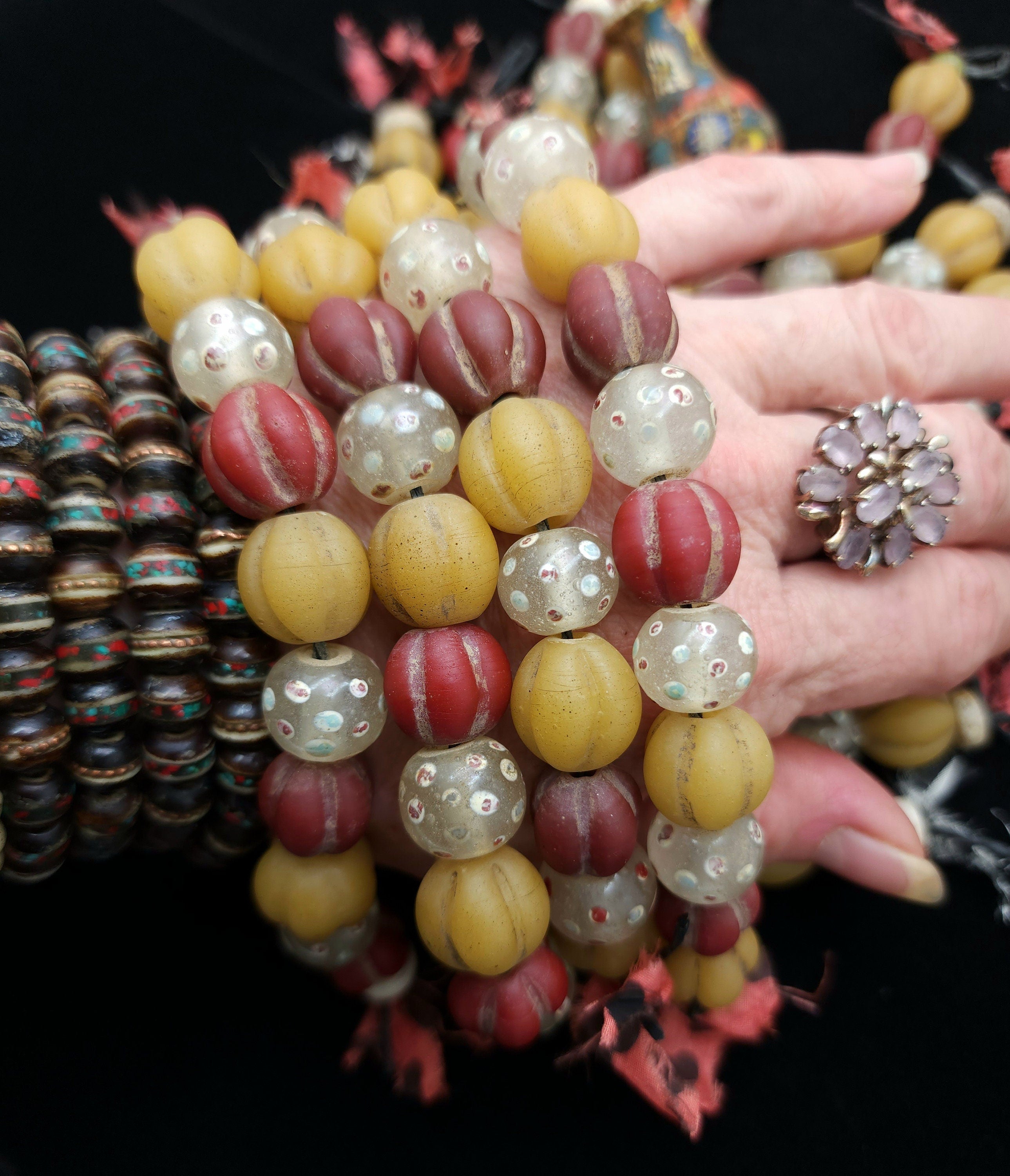 Old Indonesian Glass Beads, 12 Variable Pumpkin Glass Beads 13-14mm x 11-14mm, Lampwork Beads, Vintage, Jewelry Making Supplies, Craft.