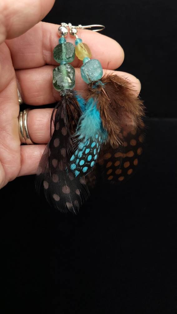 Authentic 925 Silver Earrings / Ancient Roman Glass / Natural Feather Earrings / Hippie Earrings / Ethnic Jewelry.