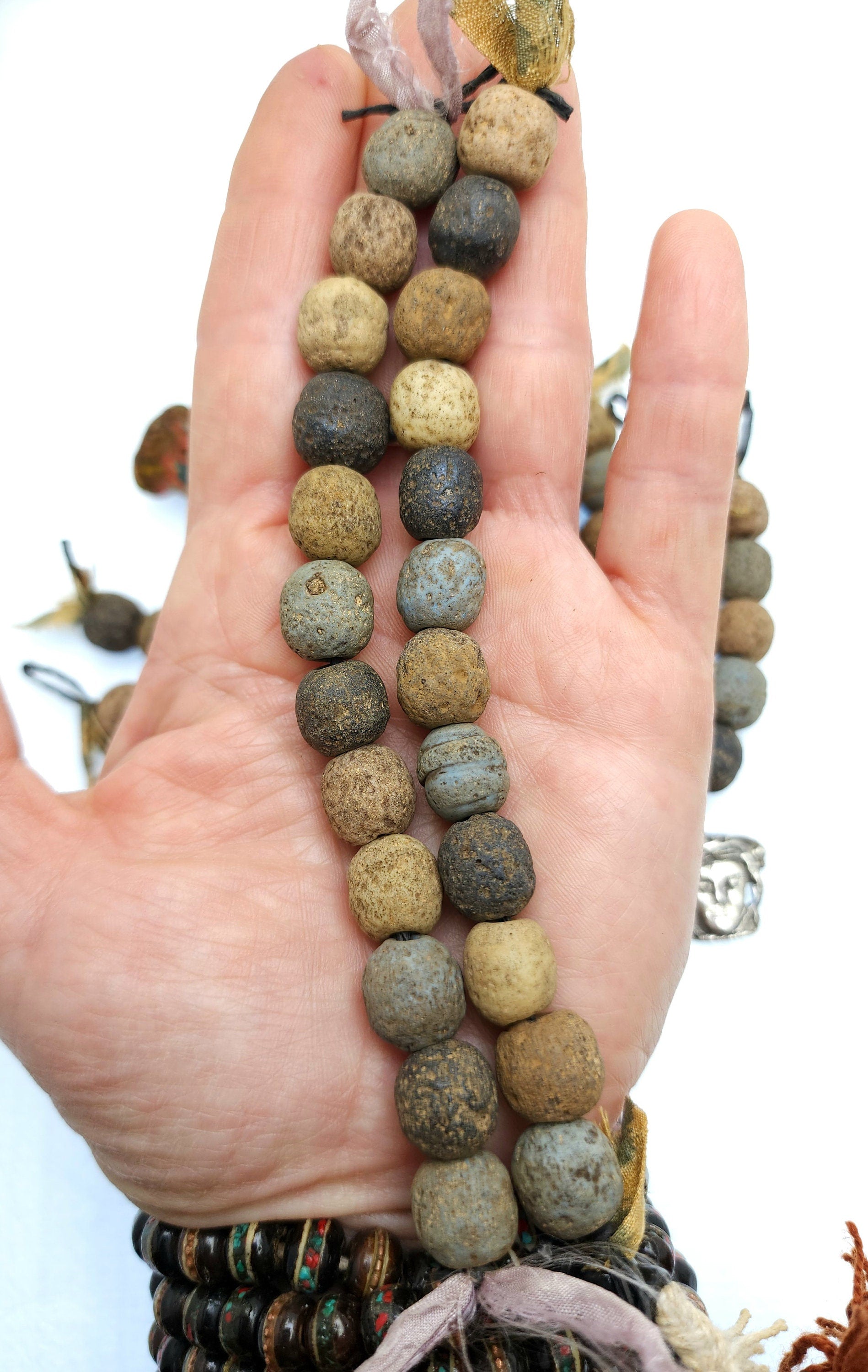 Old Indonesian Glass Beads Strand 12 Earthy Blue Yellow Black Beads 11-13mm / Vintage / Rustic / Tribal / Boho / Hippie / Jewelry Supplies