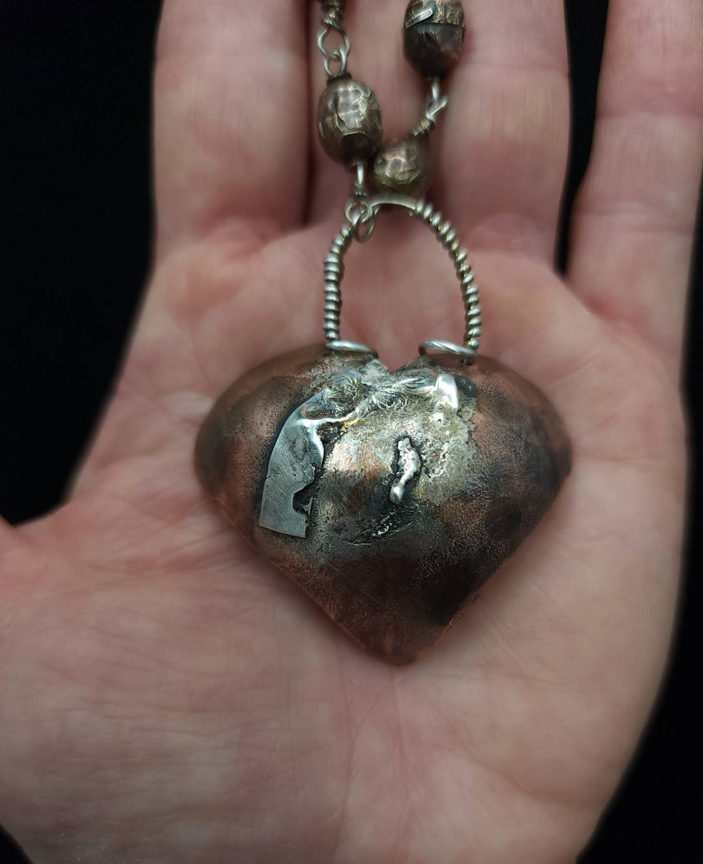 925 Silver, Silver cross- copper heart, Copper necklace 15"