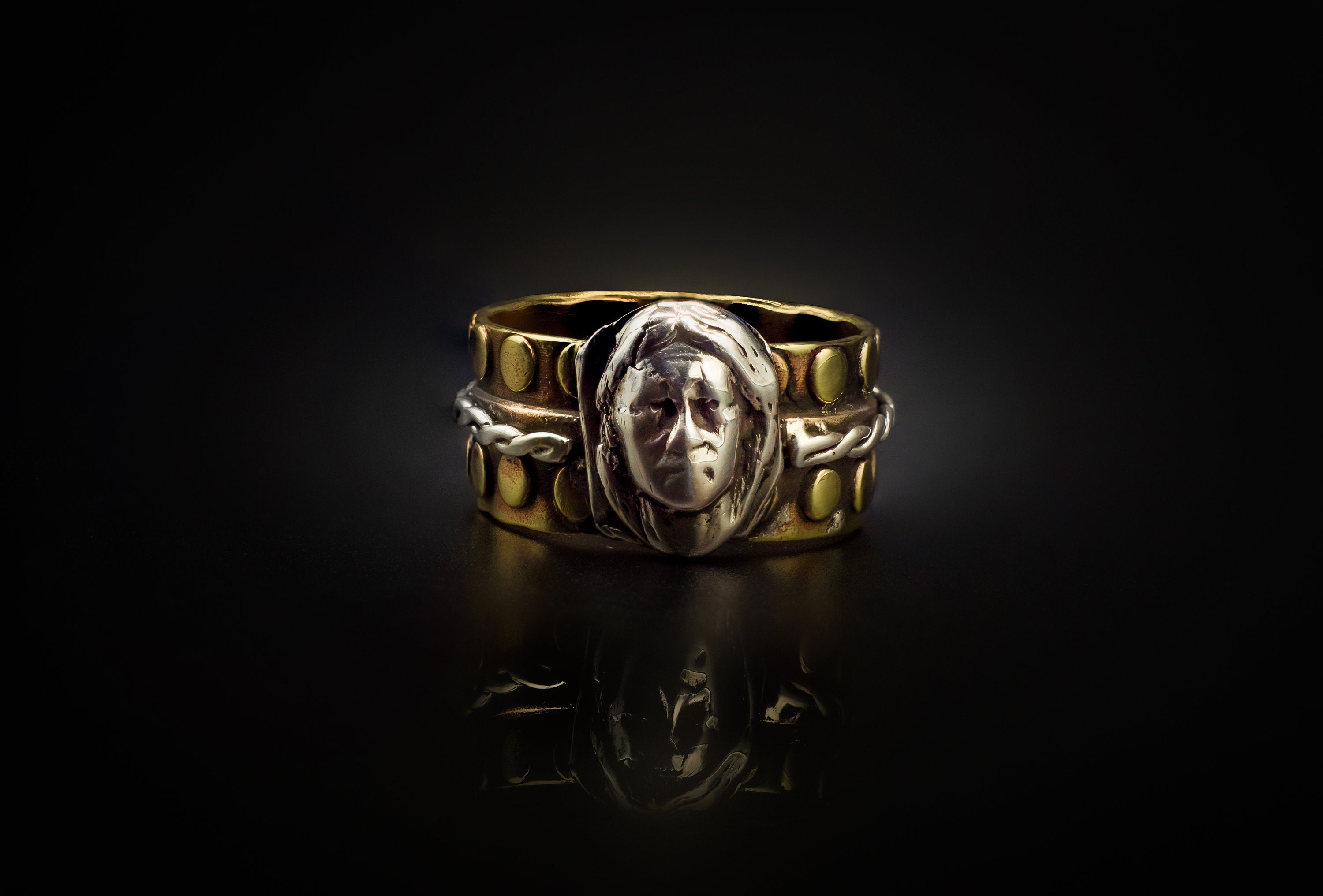 Beautiful Brass, 99.9 Silver, And Native American Face Ring