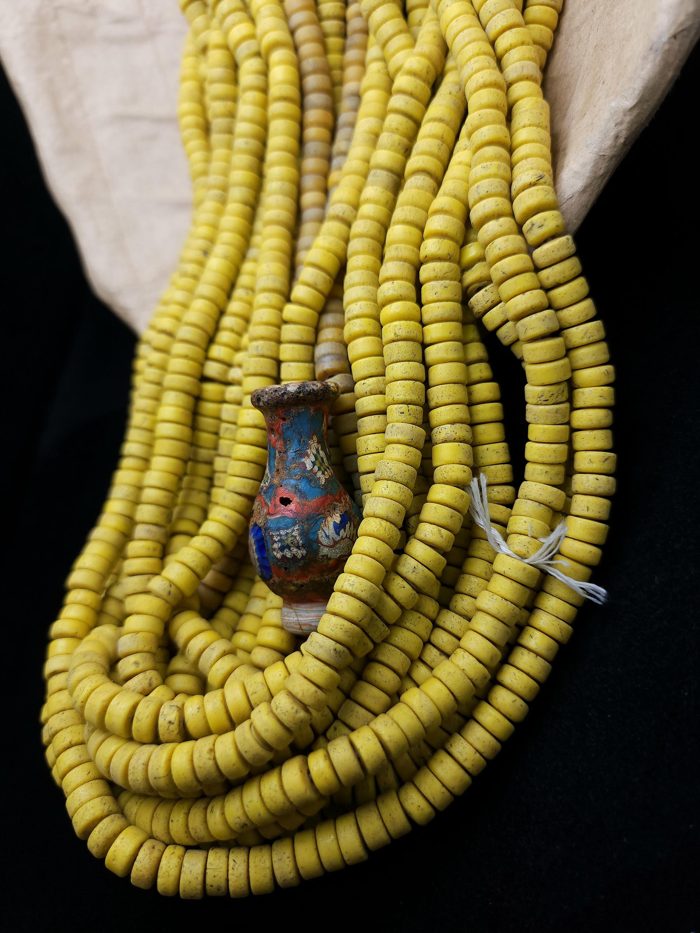 Yellow Canary Glass Beads With Antique Rustic Acent / 8mm 10" Long Strand / Indonesia Java Beads / Jewelry Making Supplies / Craft.