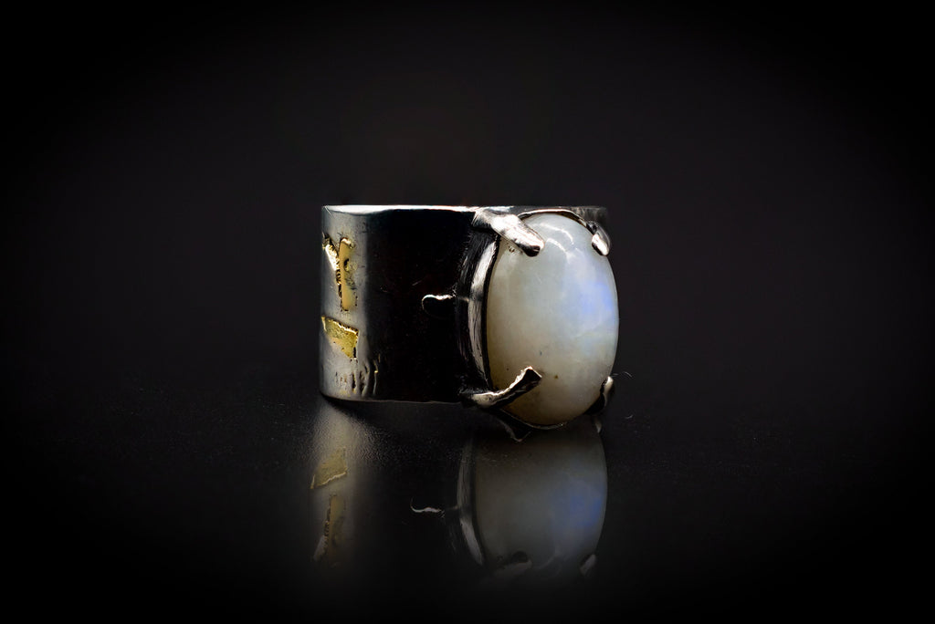 925 Sterling Silver | Rainbow Moonstone | Real 14Kt Gold Accents|Ring Size 8 1/2