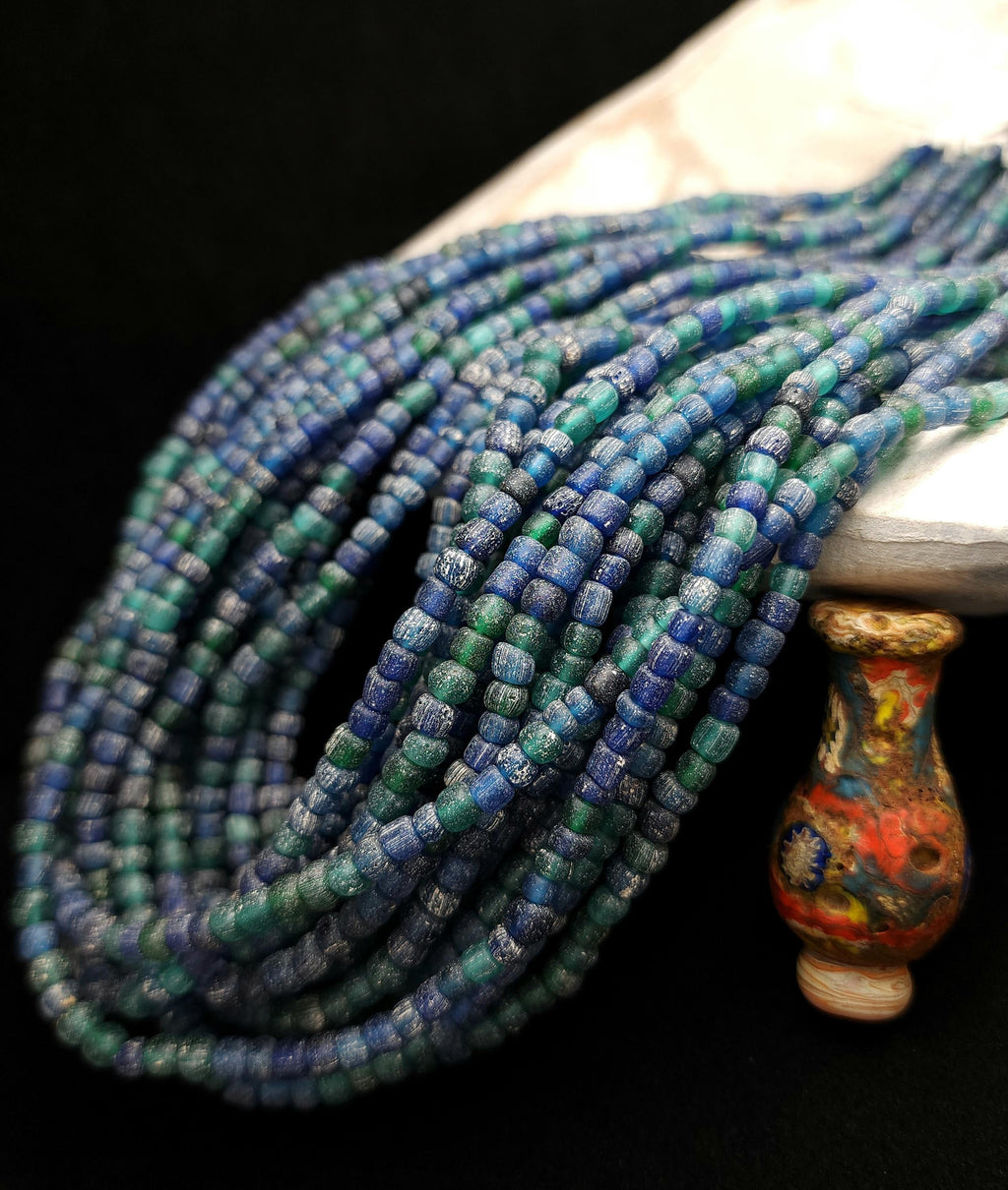 Boho Rustic Glass Beads from Indonesia 4-6×3-5mm Strand 22" [166 Beads], Blue & Green Handmade Beads, Craft Jewelry DIY.