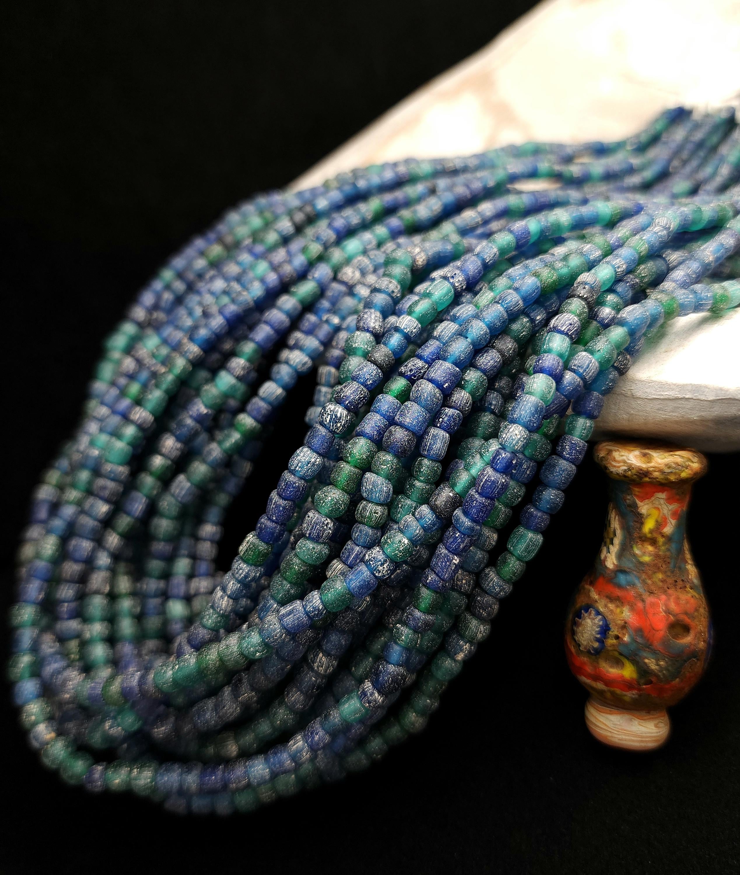 Boho Rustic Glass Beads from Indonesia 4-6×3-5mm Strand 22" [166 Beads], Blue & Green Handmade Beads, Craft Jewelry DIY.