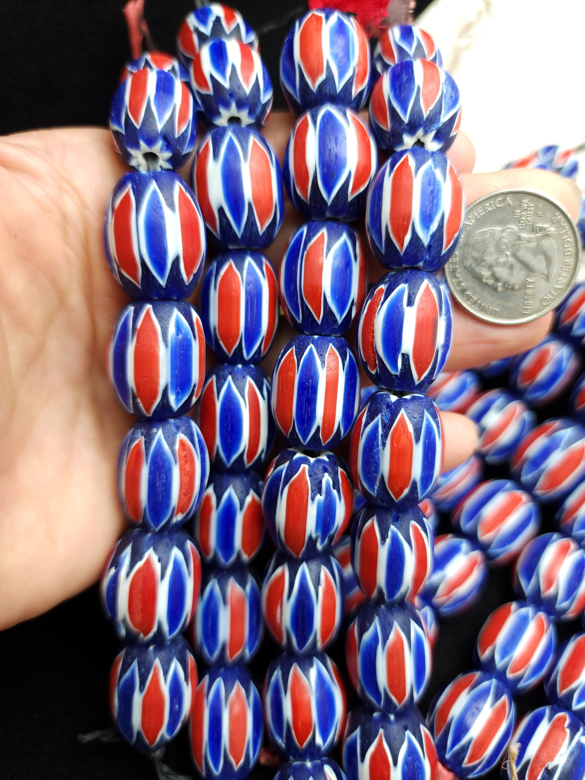 Large Chevron Beads, Strand With 8 Beads Blue, White And Red 20-21 × 15-18mm, Chevron Glass Beads, Tribal, Ethnic, Jewelry Making Supplies.