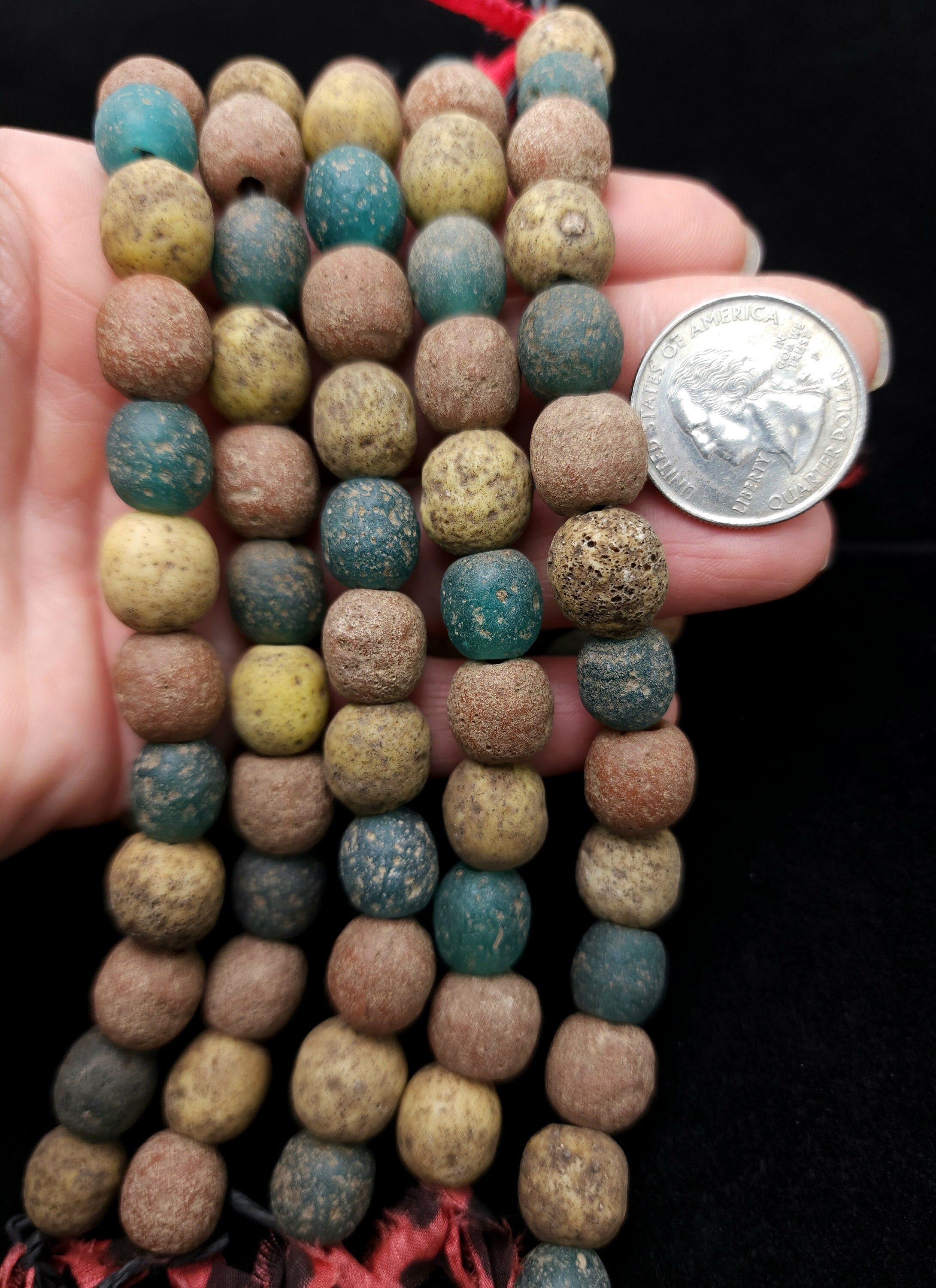 Indonesian Glass Beads Strand 14 Earthy Yellow, Red, Green Beads 10-12mm, Vintage, Rustic,  Tribal, Boho, Hippie,  Jewelry  Making Supplies