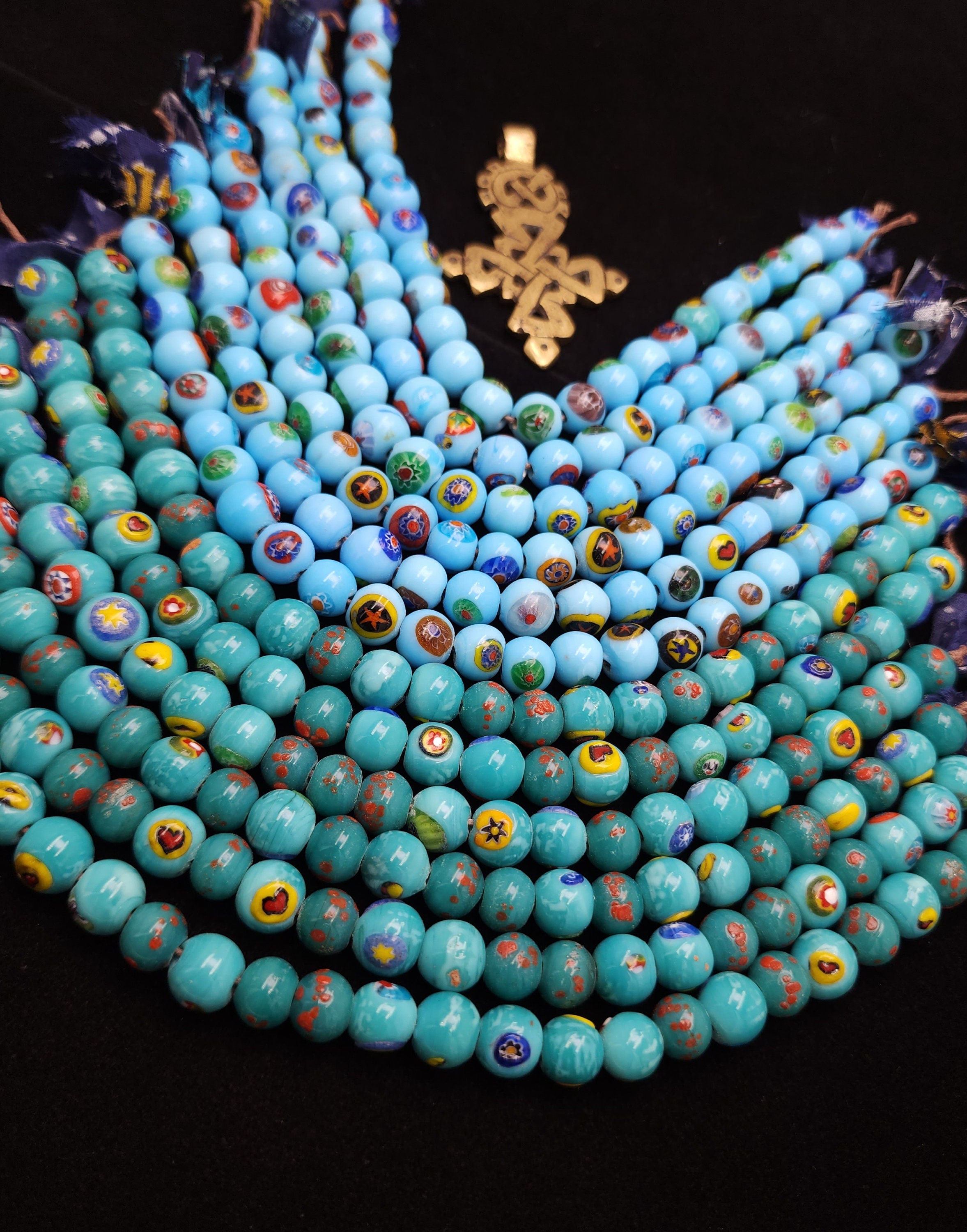 Millefiore Glass Beads Strand 8" 9-10mm, Glass Beads For Jewelry Making, Handmade Beads, Boho Tribal Ethnic