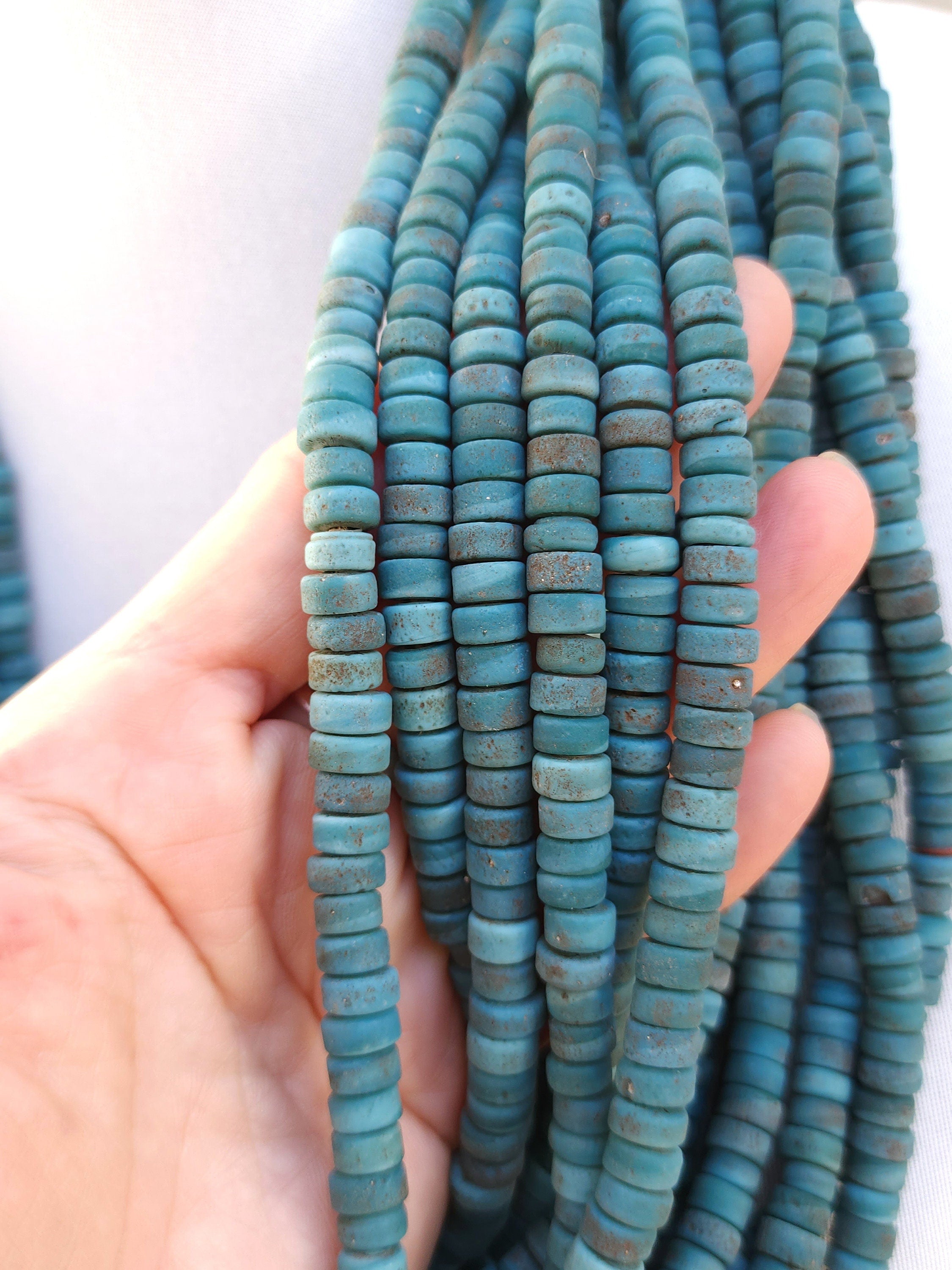 Blue Glass Beads With Strong Old Rustic Accent Raw Texture, 7-8mm Strand 10", Heishi, Indonesian, Java, Jewelry Making Supplies.
