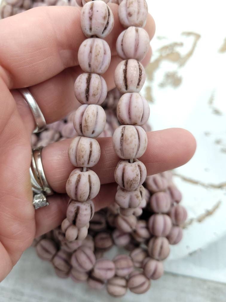 Melon Shaped Glass Beads With Accent Rustic Old Look 10-11mm[12], Jewelry Supplies, Boho, Hippie, Tribal, Ethnic, Thailand Beads.