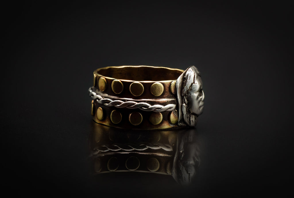 Beautiful Brass, 99.9 Silver, And Native American Face Ring