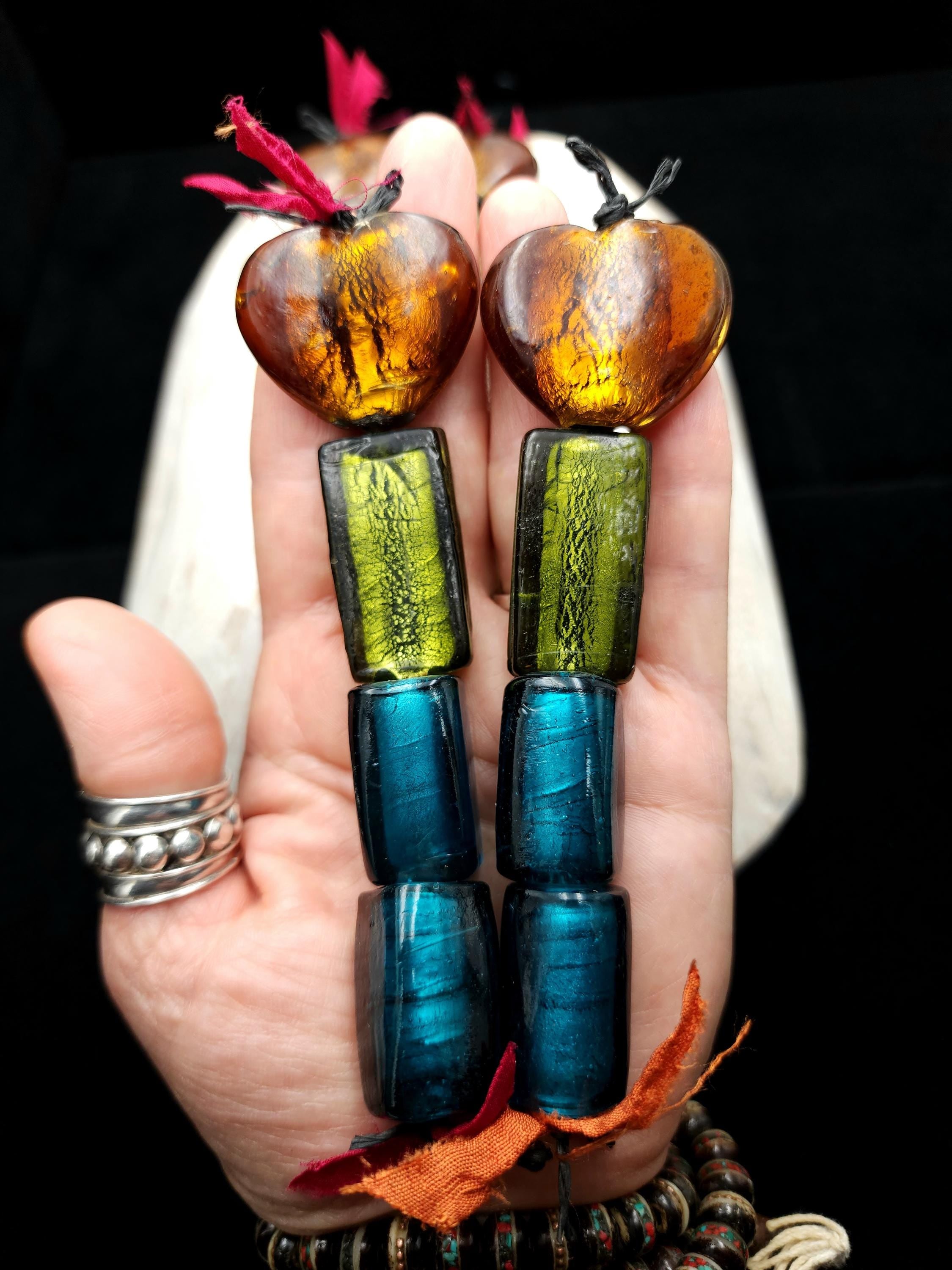 Lampwork Silver Foil Glass Beads, Handmade Murano Glass Bead Strand, Amber Heart & Metallic Green and Blue Beads, Jewelry Making Supplies
