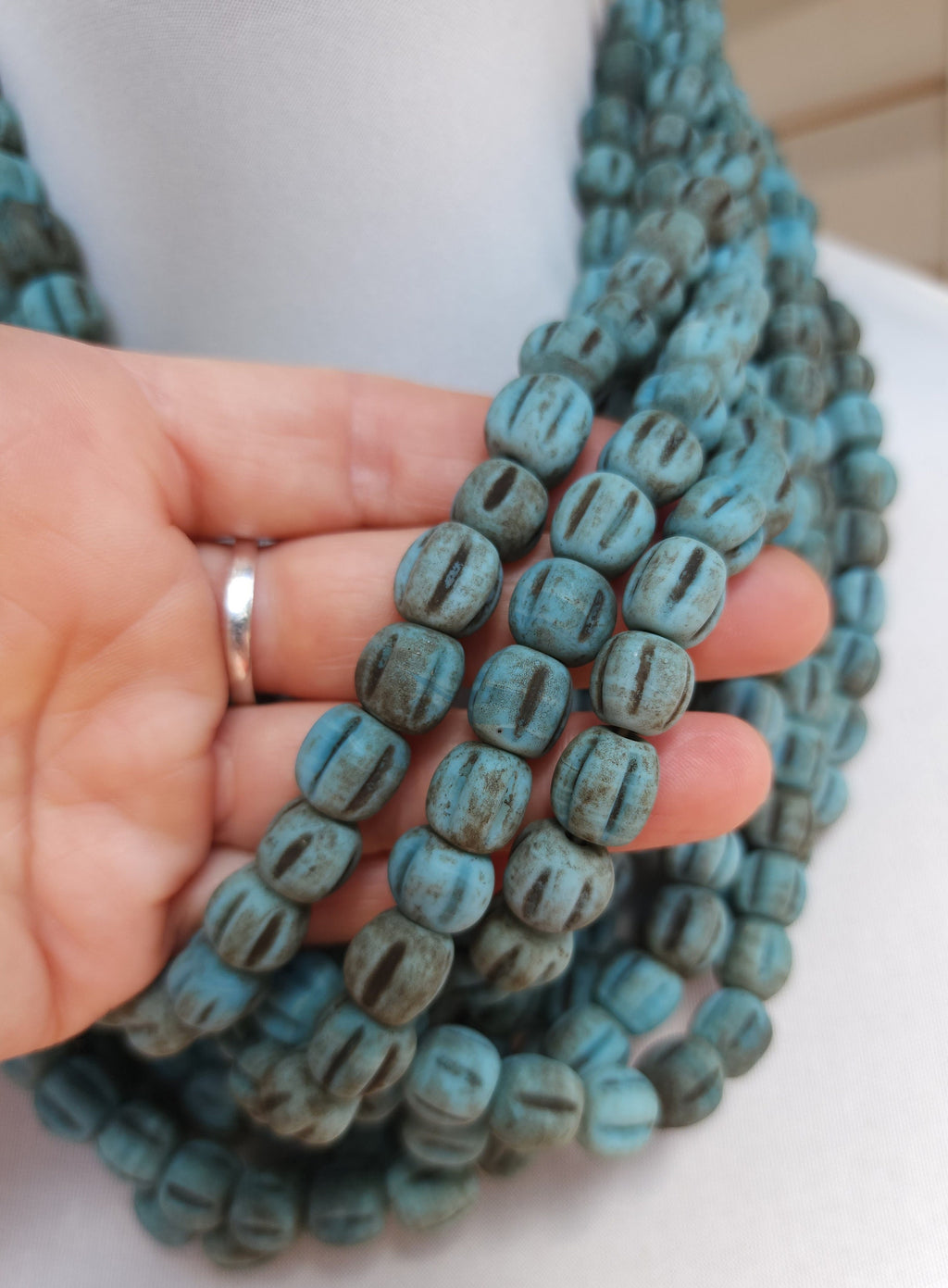 Blue Green Turquoise Melon Shaped Beads With Accent Rustic Old Look 12 Beads 10-11mm / Jewelry Supplies  / Boho / Lampwork Beads