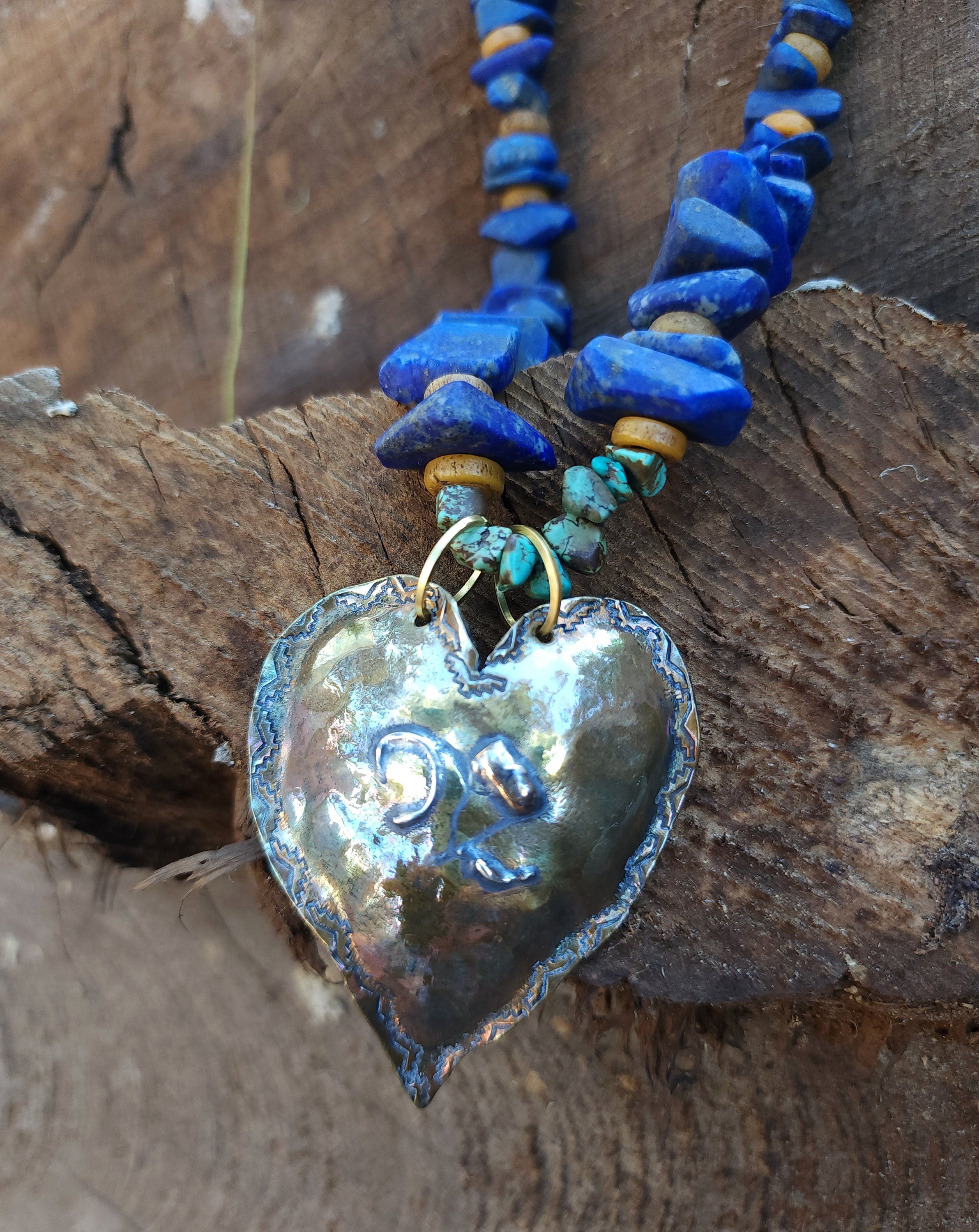 Beautiful Hand Hammered Brass and 925 Silver Heart Necklace Genuine Lapis Lazuli 14" Long / Best Gift For Who You Love / Handmade Jewelry.