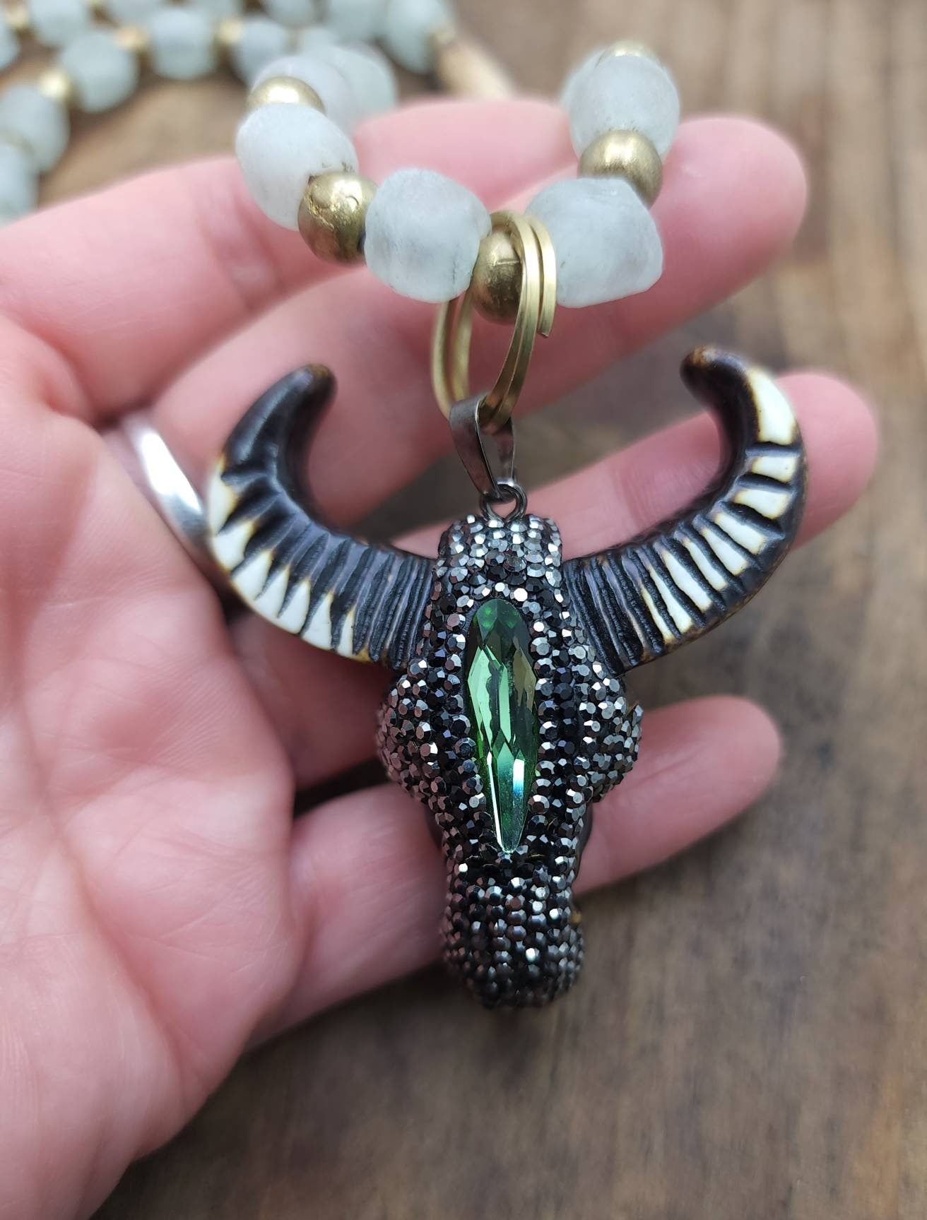 Bull cow head in crystal pavé pendant, horn pendant, very original collar, cawboy,boho, hippie, ethnic, brass, african beads.