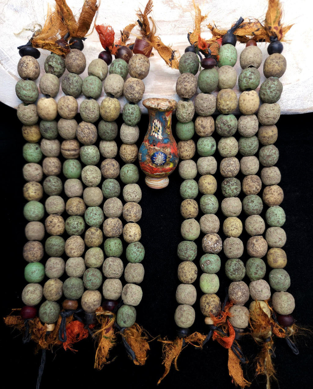 Indonesian Glass Beads Strand 12 Earthy Beige, Yellow, Green Beads 11-12mm, Vintage, Rustic,  Tribal, Boho, Hippie, Jewelry  Making Supplies