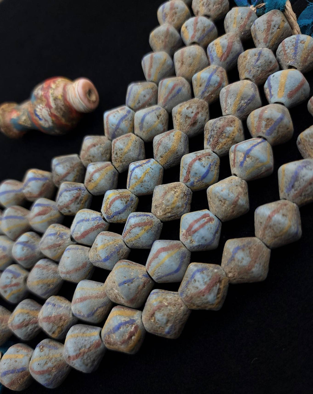 Venetians Style Beaded Bicone Antique Accent Strand 12 Beads 15× 15-16mm, Indonesia, Tribal, Ethnic, Lampwork beads, Jewelry Supplies.