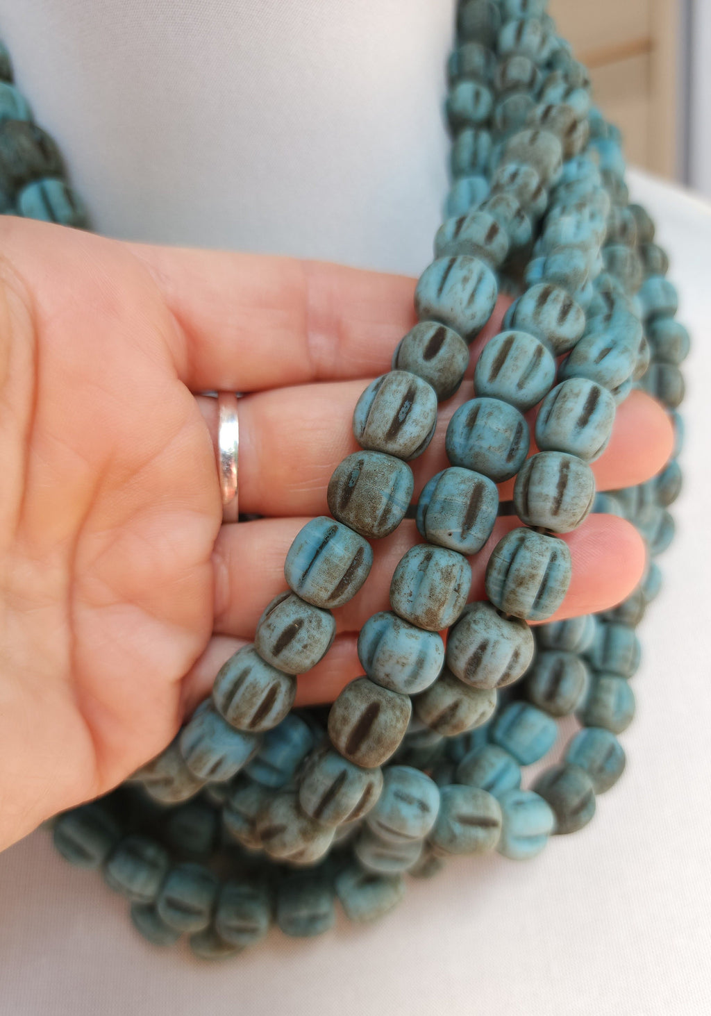 Blue Green Turquoise Melon Shaped Beads With Accent Rustic Old Look 12 Beads 10-11mm / Jewelry Supplies  / Boho / Lampwork Beads