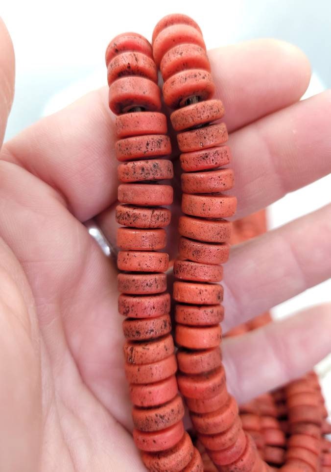 Red Glass Beads With Strong Old Rustic Accent, Raw Texture, 10mm, 11-12mm 10" Long Strand, Tribal, Jewelry Making Supplies.