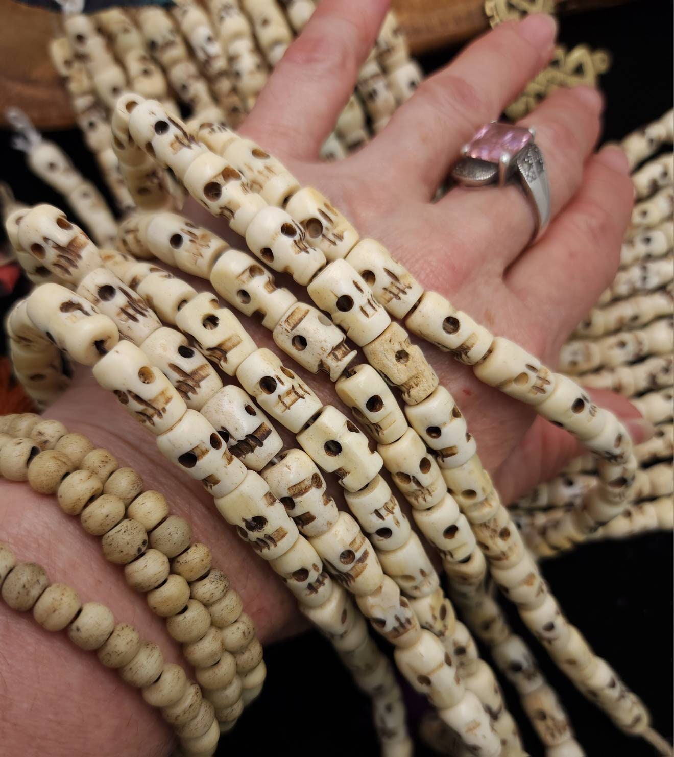 Skull Bone Beads / Rosary  / Buddhist Bone Skull Beads / Hand Carved Skull Beads / Kali Skull Beads / Strand 10" 12-14mm / Jewelry Supplies