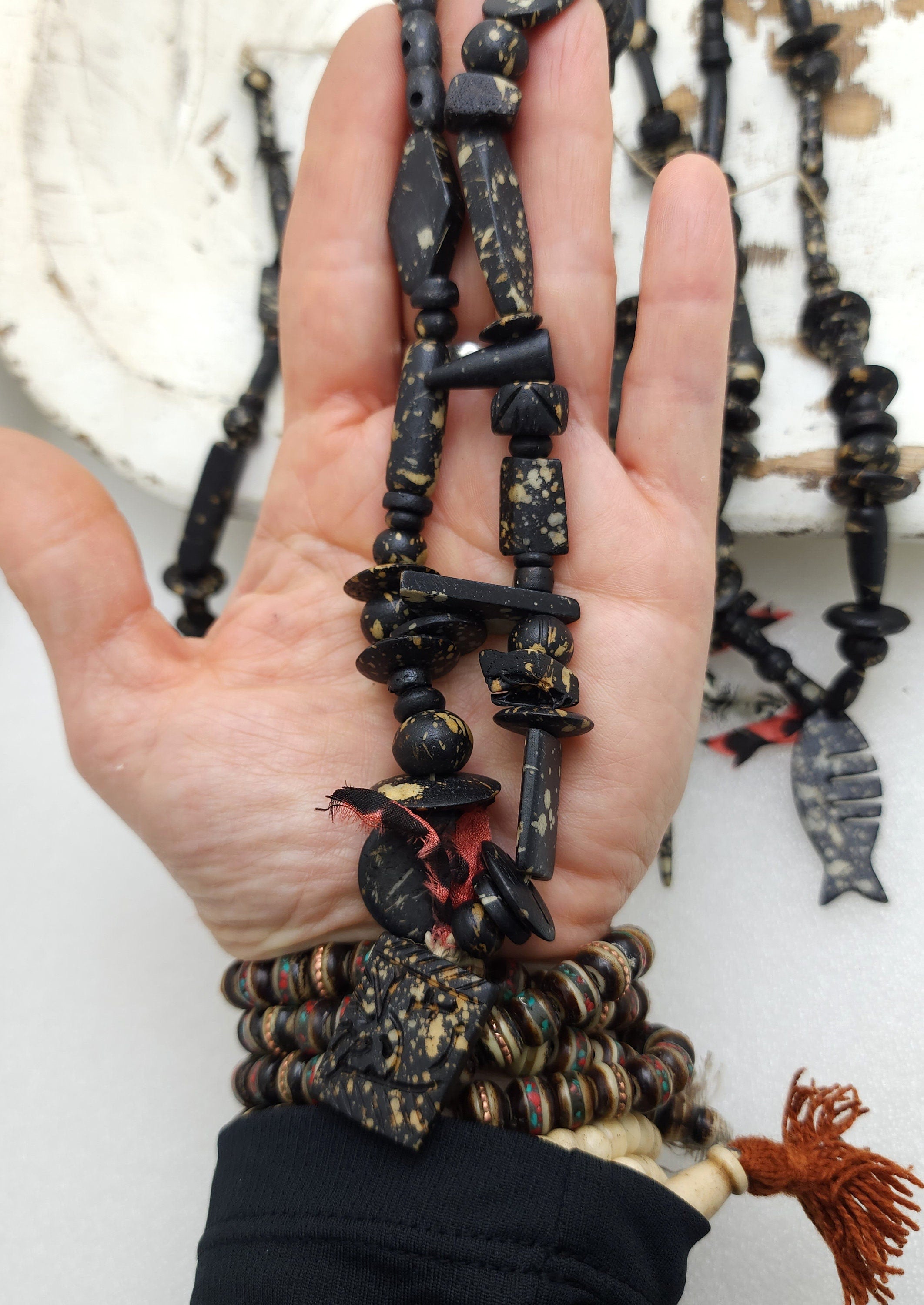 Splattered Black Bone Beads / Strand 14"+ Variety Of Bone Beads / Tribal / Ethnic / Boho / Fun Beads / Jewelry Making Supplies.