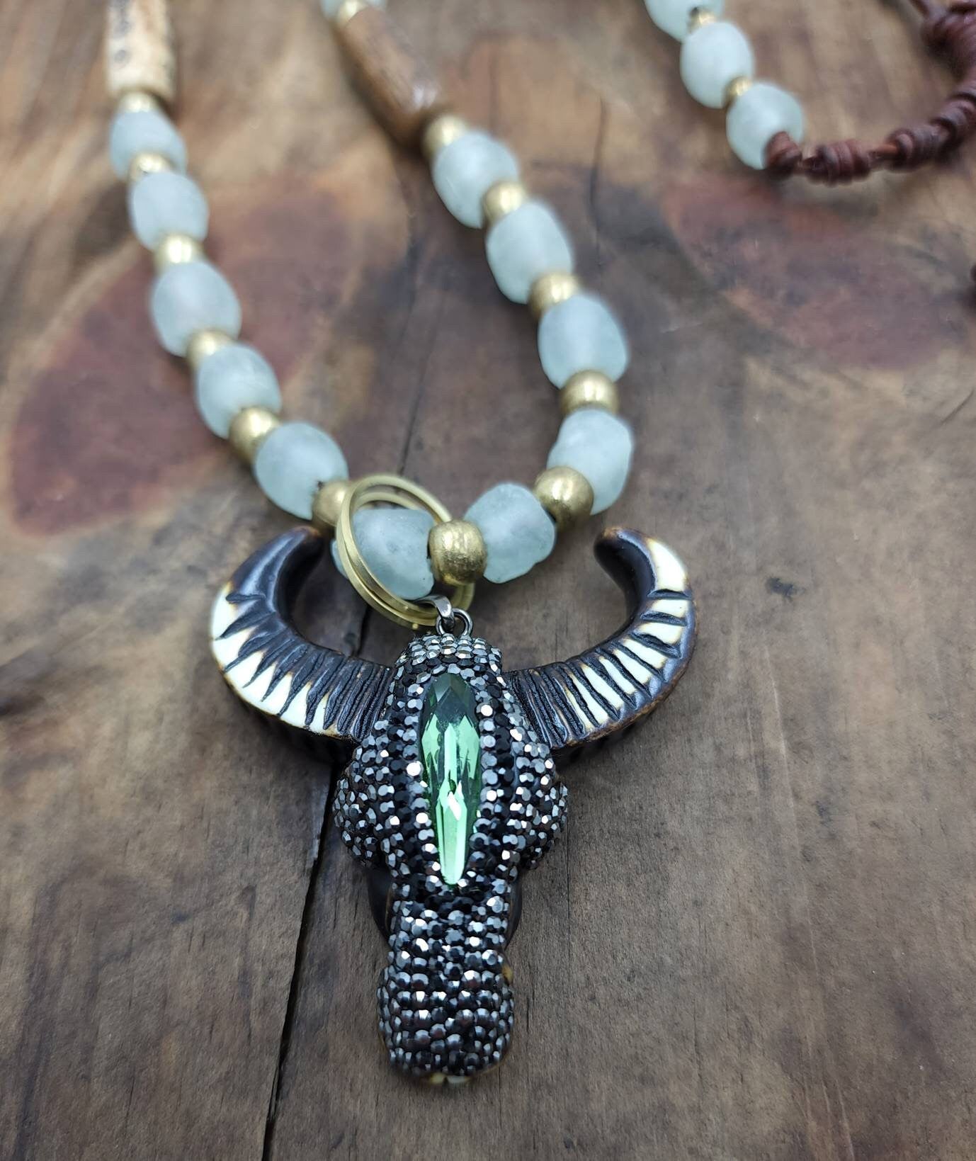 Bull cow head in crystal pavé pendant, horn pendant, very original collar, cawboy,boho, hippie, ethnic, brass, african beads.