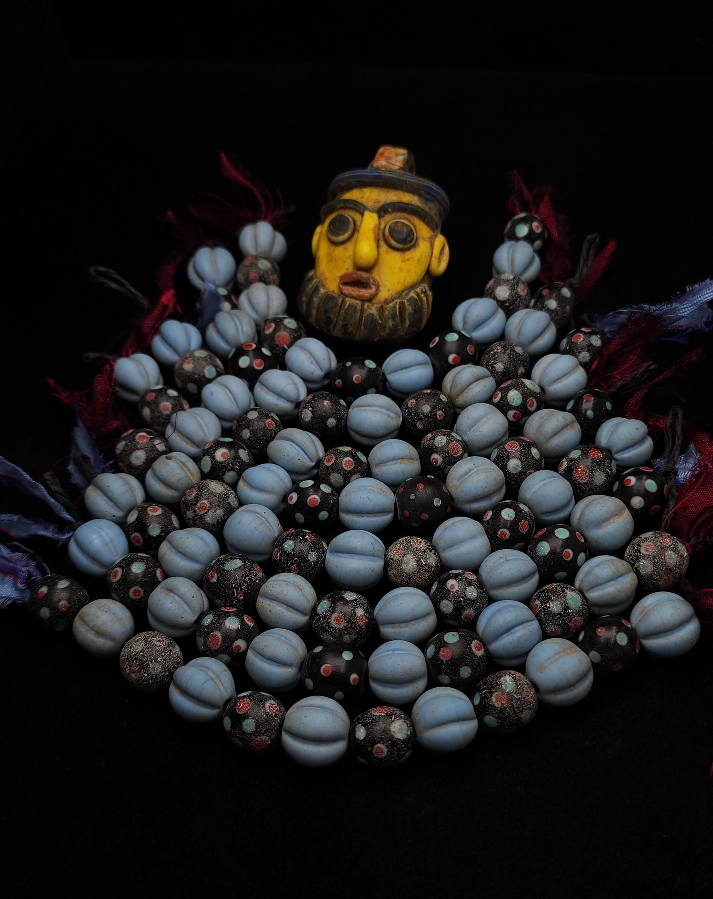 Variable Strand of Pumpkin Beads and Eye Beads 11-14mm [12 Beads] Indonesian, Java, Glass Beads, Vintage, Jewelry Making Supplies.