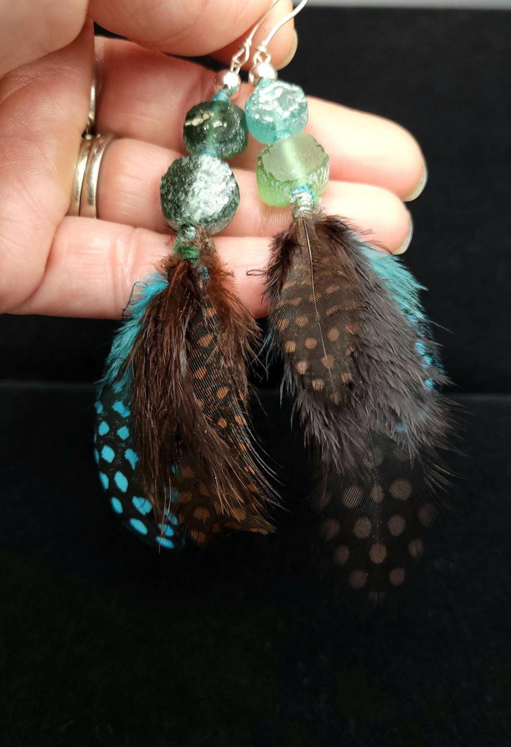 Authentic 925 Silver Earrings / Ancient Roman Glass / Natural Feather Earrings / Hippie Earrings / Ethnic Jewelry.