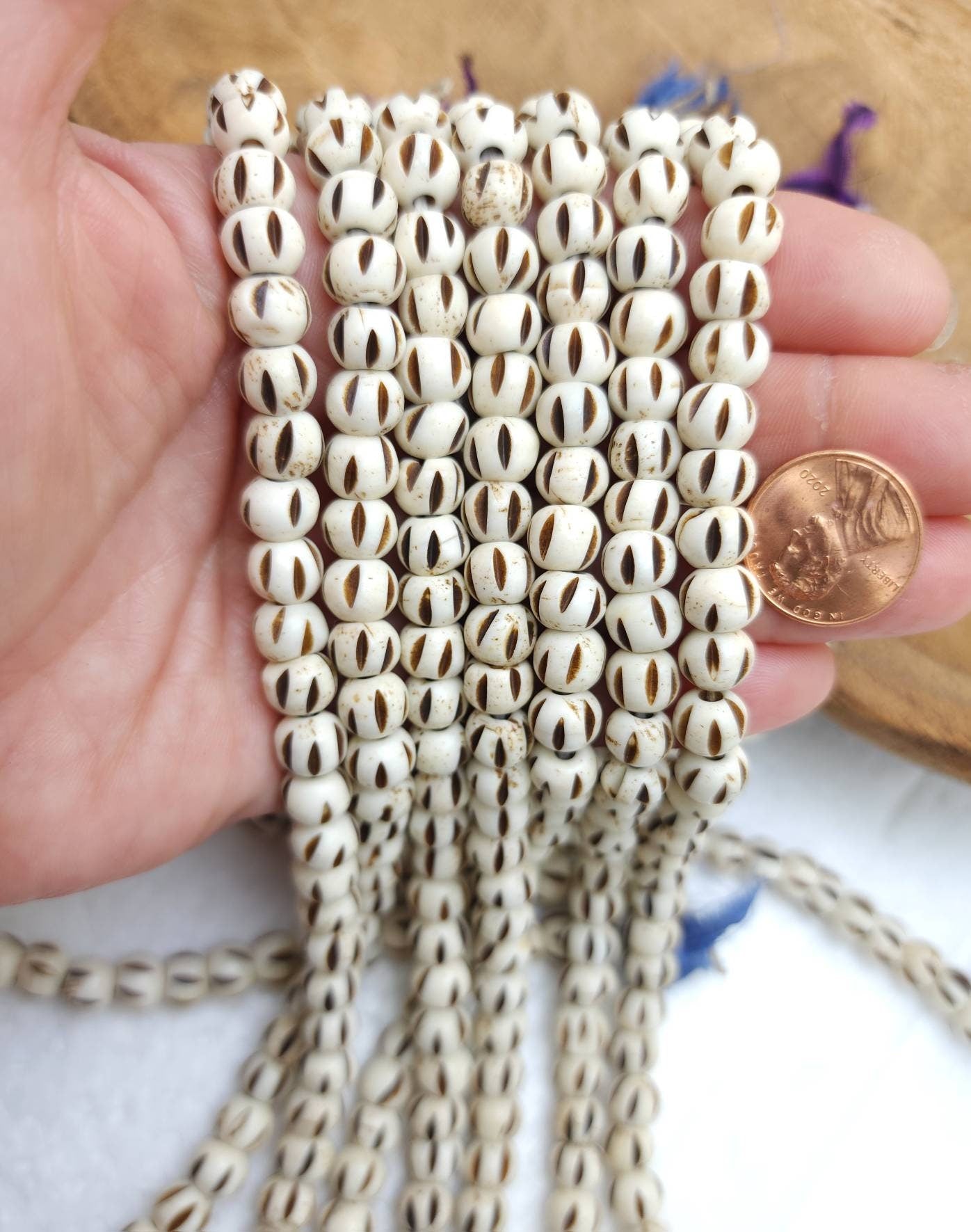 Melon Bone Beads Strand 10" with 38-40 Beads 8mm / Recycled Beads / Organic Beading / Jewelry Making Supplies
