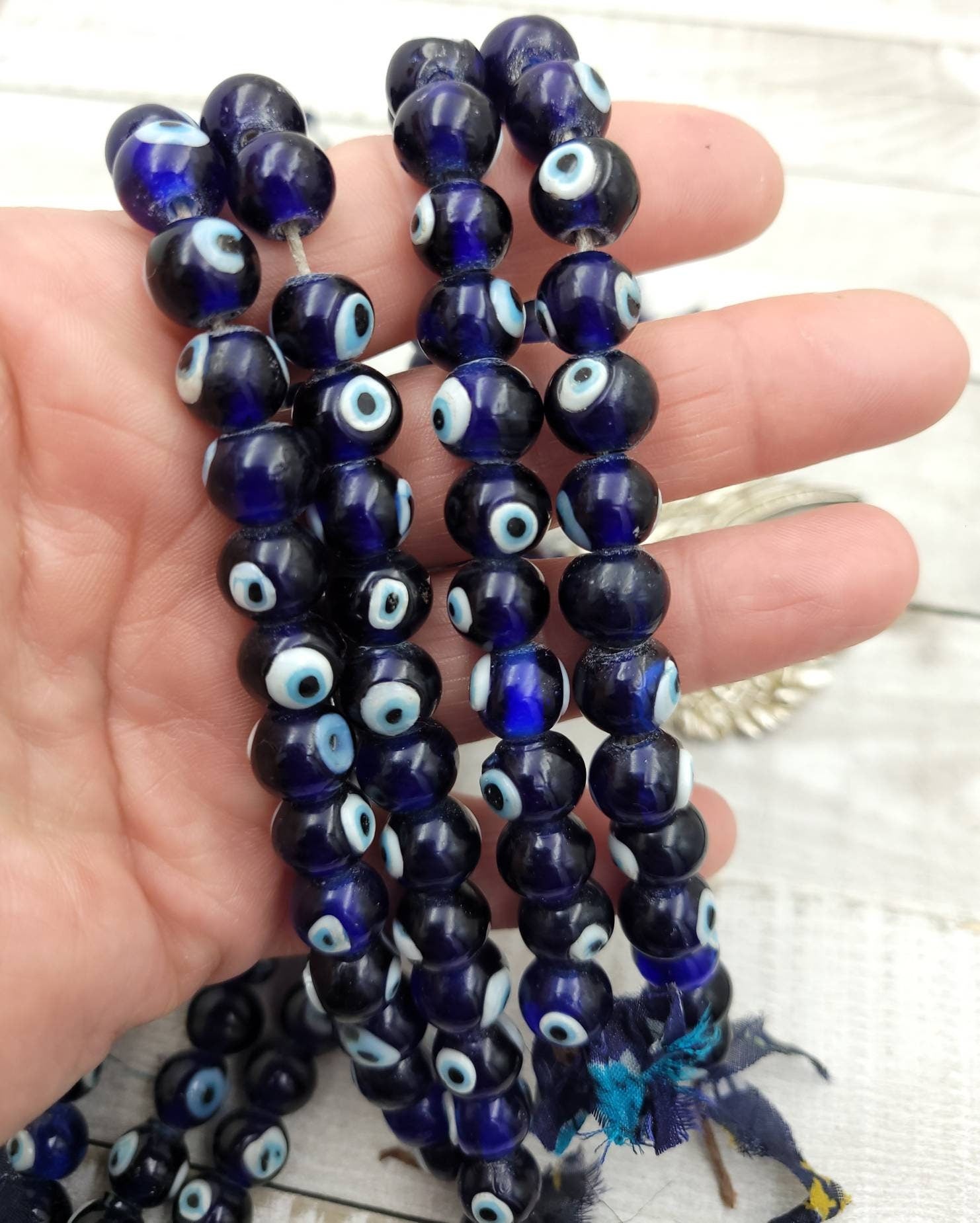 Evil Eye Glass Beads Handmade From Java Handcrafted  Strand 10" 10mm, Lampwork Beads, Blue Glass Beads, Jewelry Making Supplies, Craft.