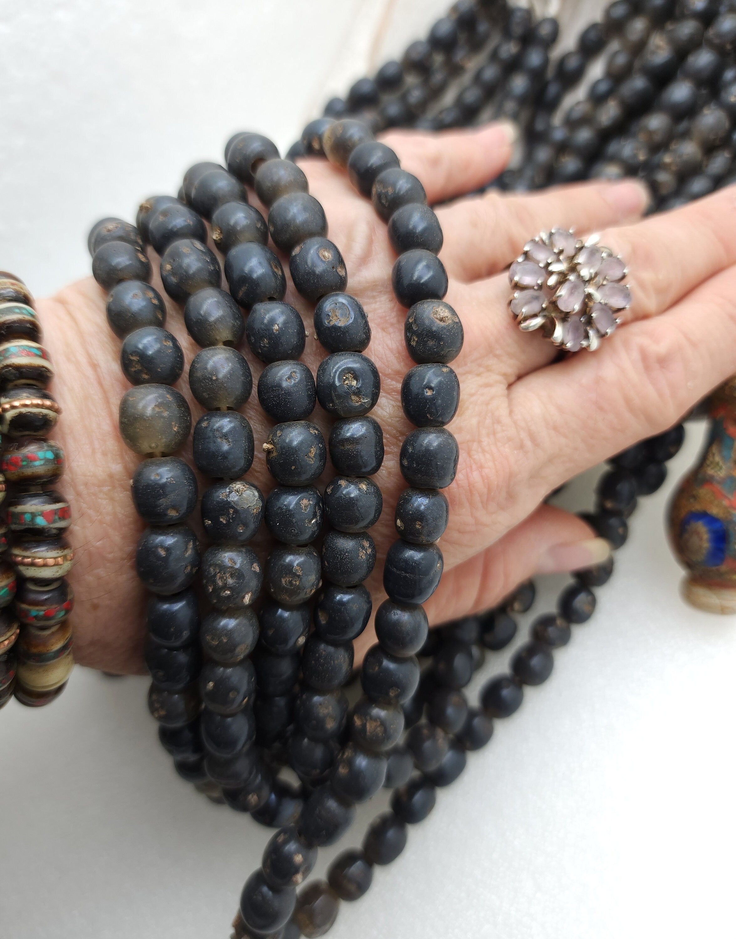 Old Thai Glass Beads, Vintage Grey Semi-Transparent Beads [9 Years Old] Strand 10" 28-30 Beads 8-9mm+, Jewelry Making Supplies.