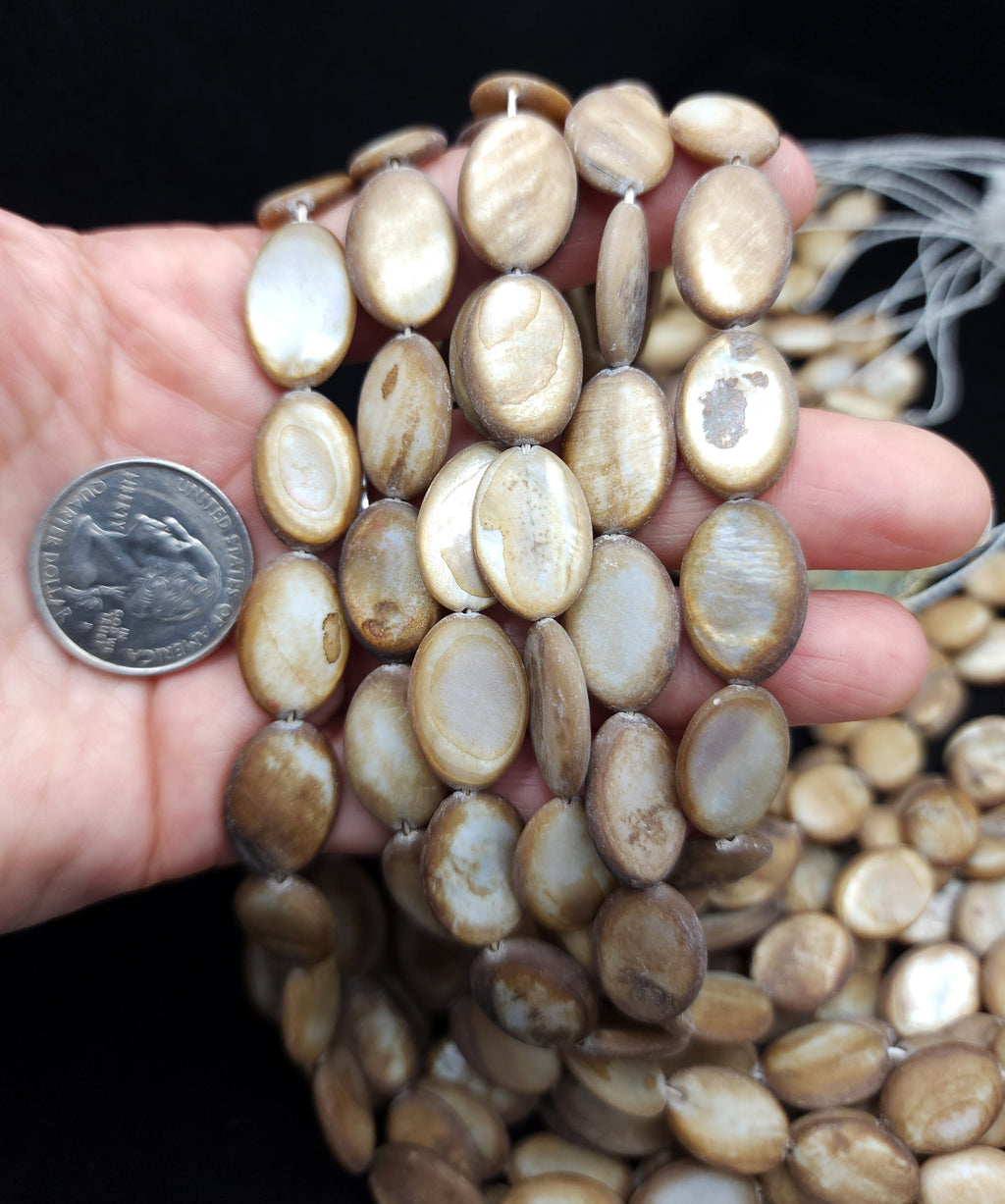 Very old shell beads from Afghanistan, Full Strand 17" 24-25 Oval Beads 17-18mm, Vintage, Jewelry Making Supplies.