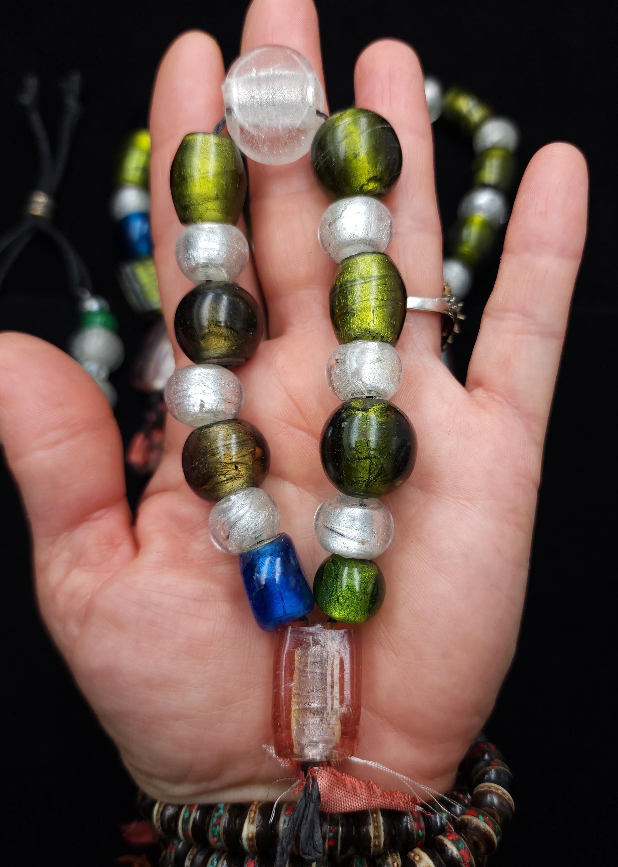 Lampwork Silver Foil Glass Beads – Handmade Murano Style Bead Strand 9" 14-24mm, Green, Amber, Pink, Clear | Boho Ethnic Jewelry Making.