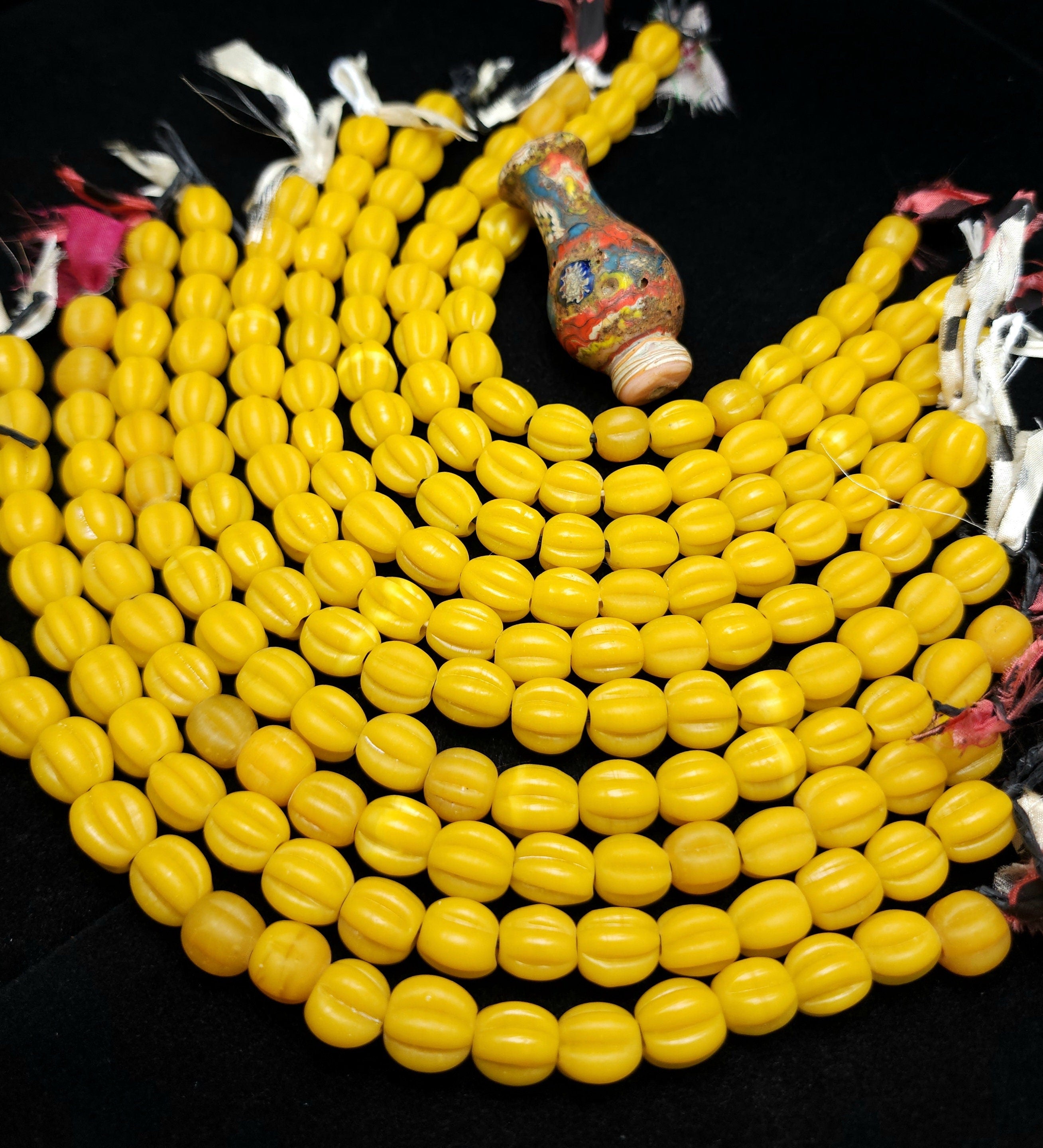10mm+ Yellow Melon Shaped Beads [20] Indonesian Glass Beads, Java, Pumpkin Beads, Jewelry Making Supplies, Craft.