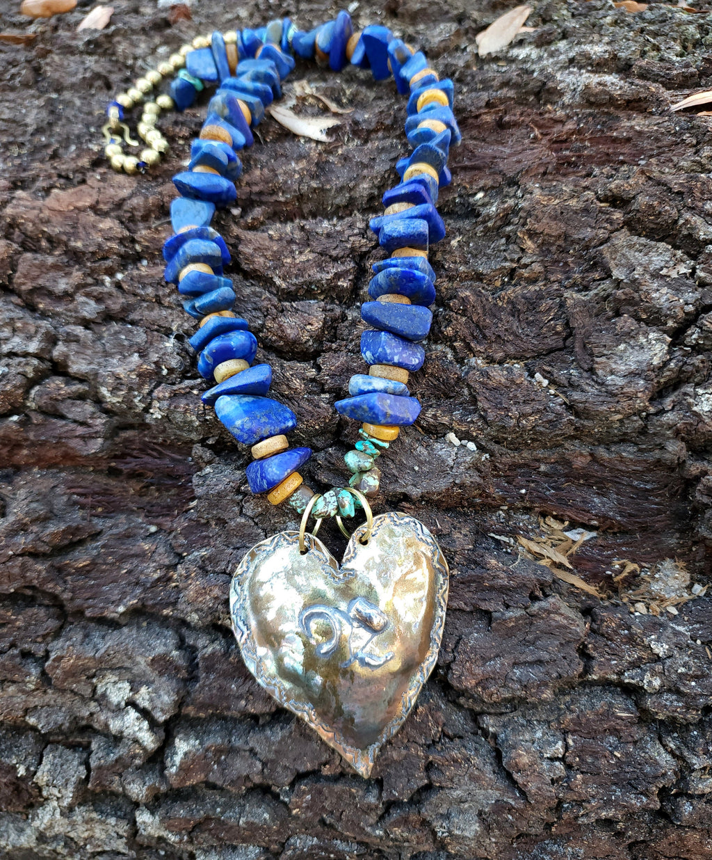 Beautiful Hand Hammered Brass and 925 Silver Heart Necklace Genuine Lapis Lazuli 14" Long / Best Gift For Who You Love / Handmade Jewelry.