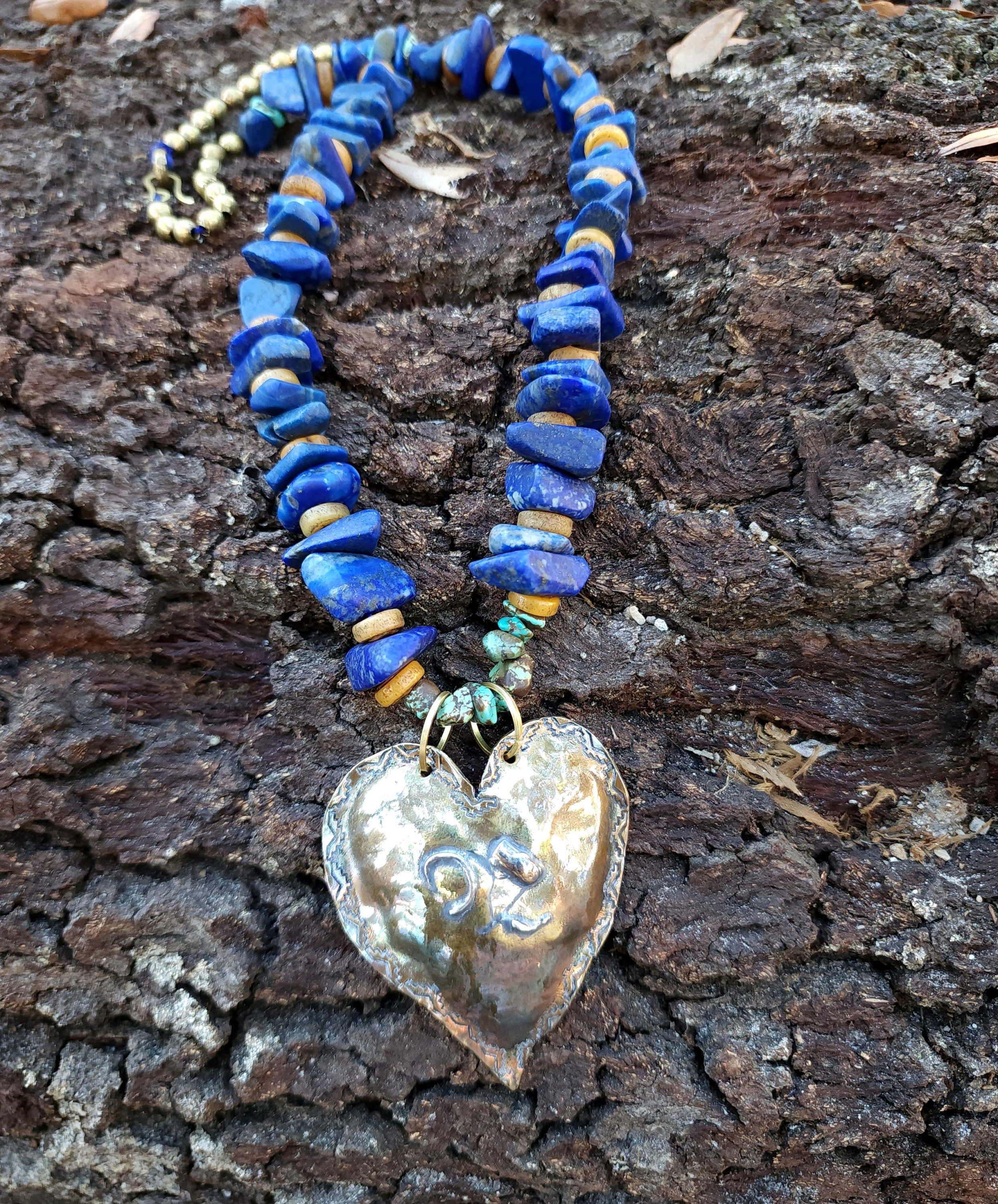 Beautiful Hand Hammered Brass and 925 Silver Heart Necklace Genuine Lapis Lazuli 14" Long / Best Gift For Who You Love / Handmade Jewelry.