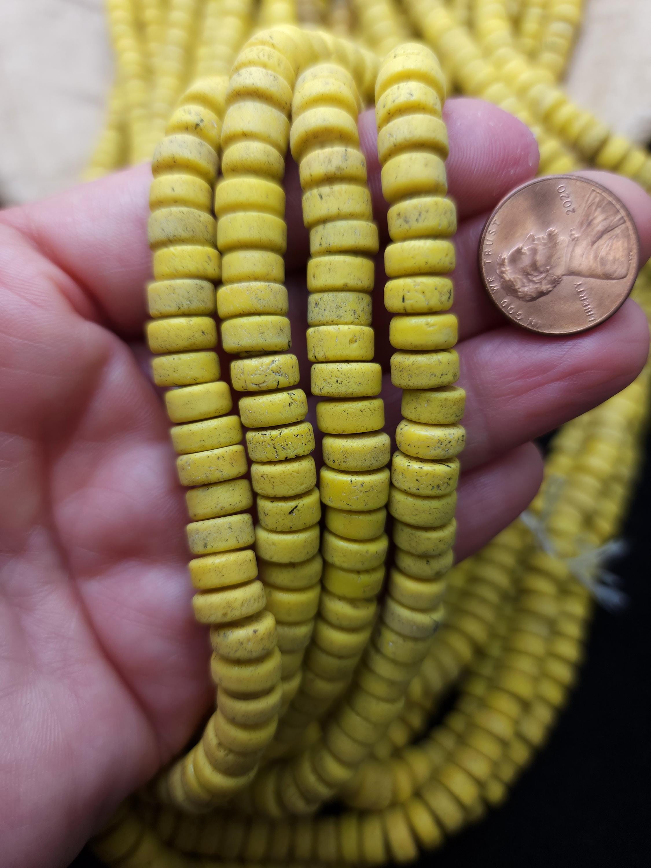 Yellow Canary Glass Beads With Antique Rustic Acent / 8mm 10" Long Strand / Indonesia Java Beads / Jewelry Making Supplies / Craft.