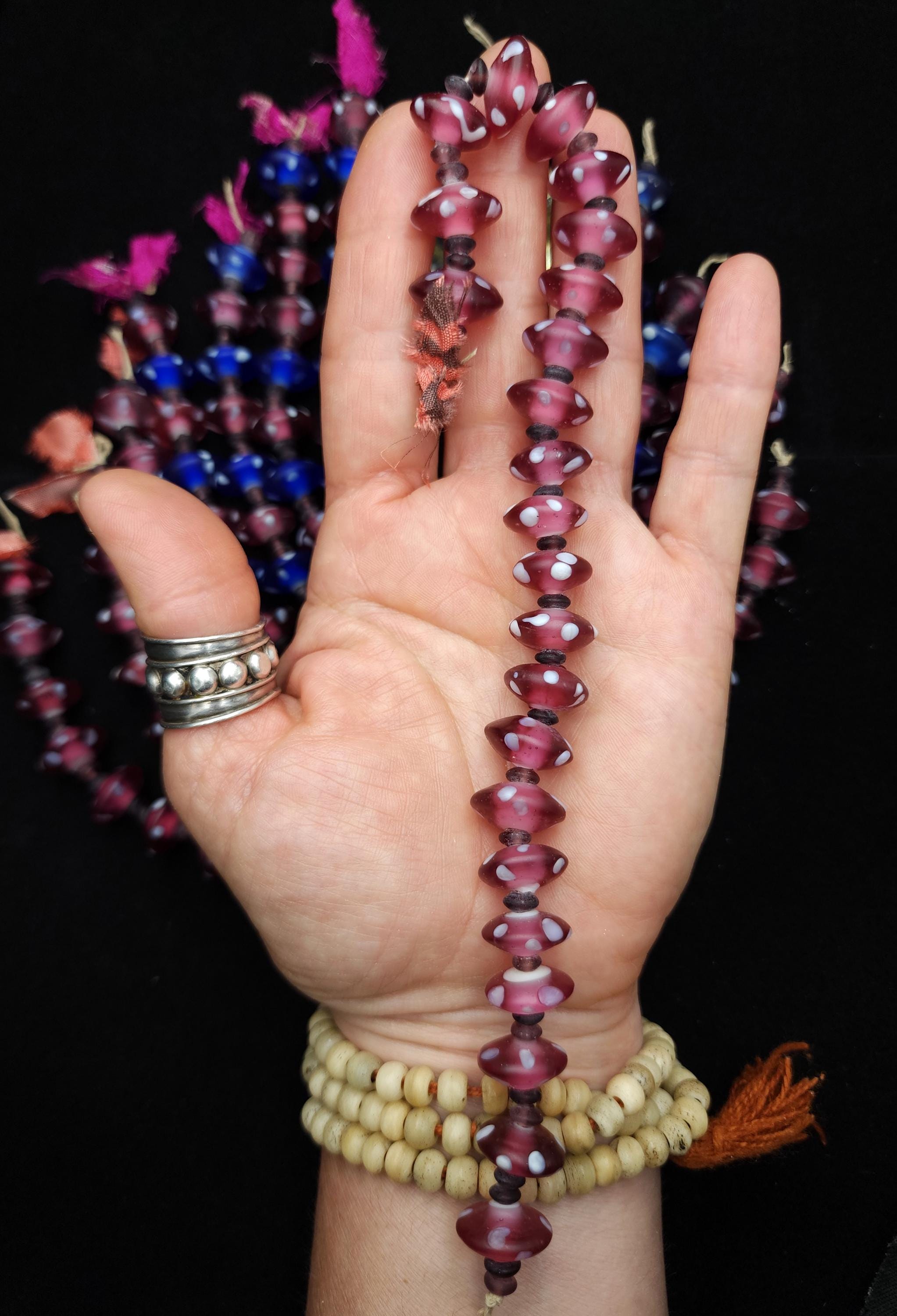 Lampwork Glass Bead Strand 10" 14-16mm, Rose & Cobalt Blue with White Dots, Handmade Vintage Mushroom Style, Jewelry Making Supplies.
