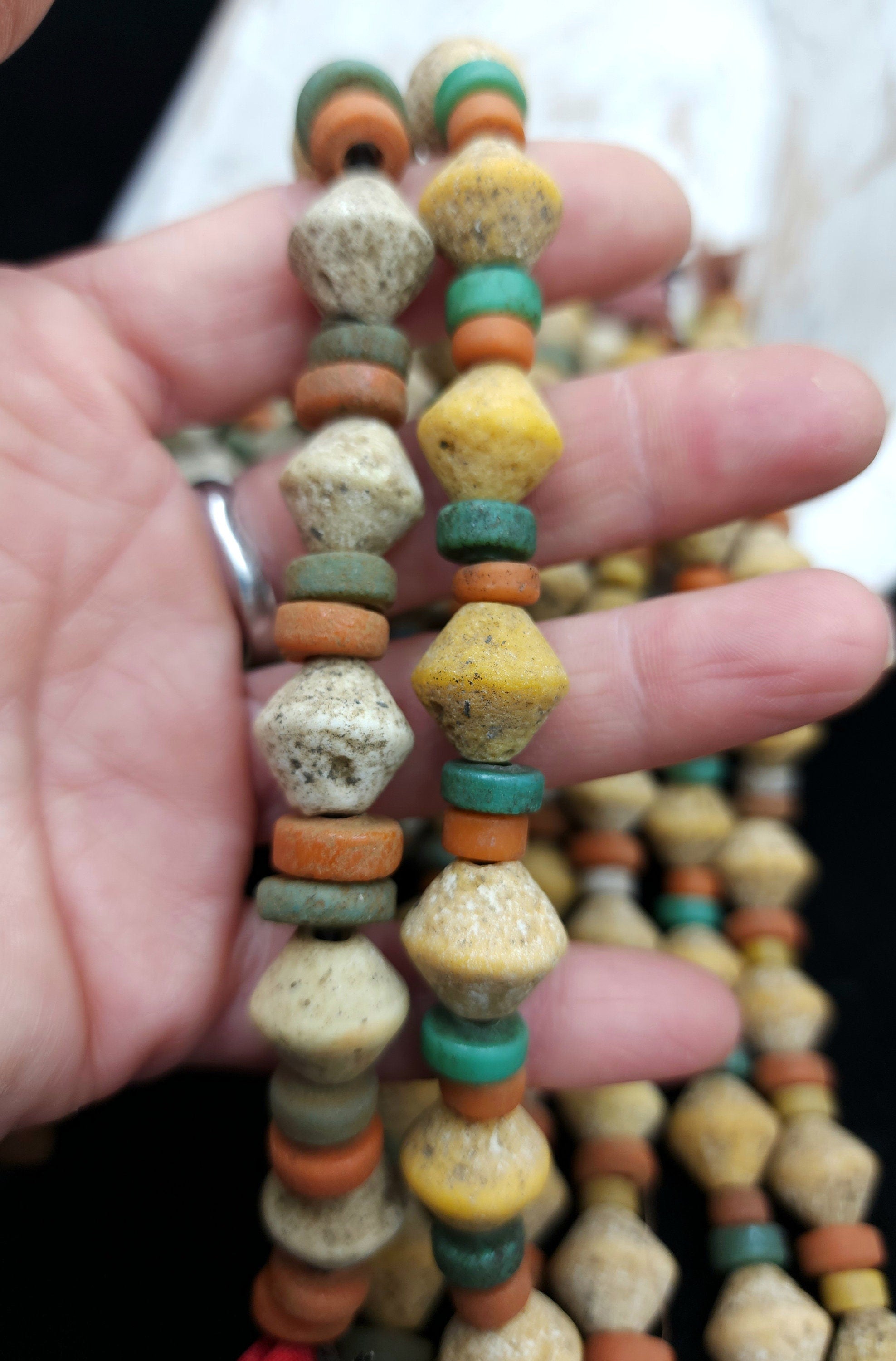 Bicone Old Glass Beads Strand 8" 14mm+ x 13-15mm Option To Choose Beige Or Yellow,  Jewelry Making Supplies, Unusual Beads, Thailand Beads.