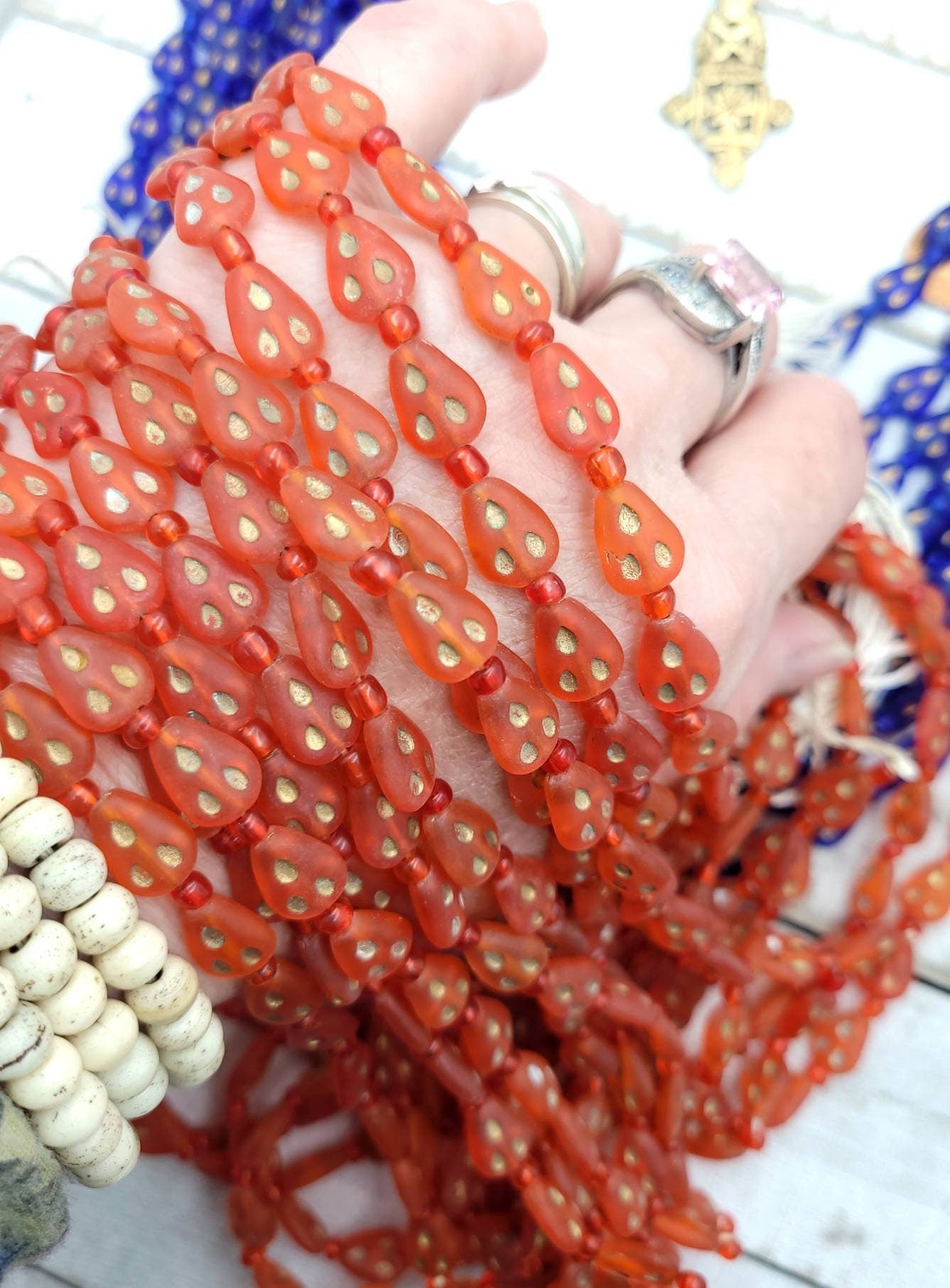 Wow What Beautiful Glass Beads With Gold From Afghanistan Choice Orange Red  Or Blue / 17 "Strand 10-11mm x 9mm/ Jewelry Supplies.