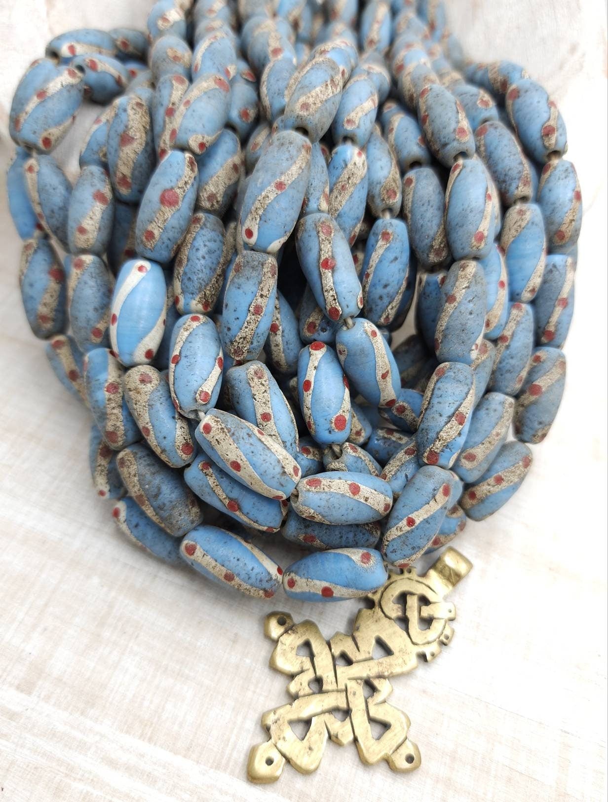 Sky Blue Glass Beads With Rustic Accent Made by Indonesian Artisans /Java / 10 Beads 18-20mm x 10mm /Jewelry Supplies / Vintage / Venetian /