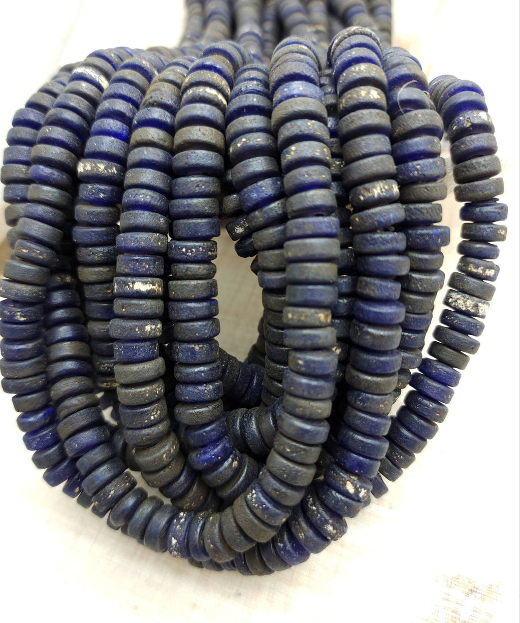 Blue Combat Glass Beads With Old Rustic Accent / Medium Raw Texture / 10-11mm Or 11-12mm 10"Long Strand /Indonesia / Java / Tribal / Ethnic