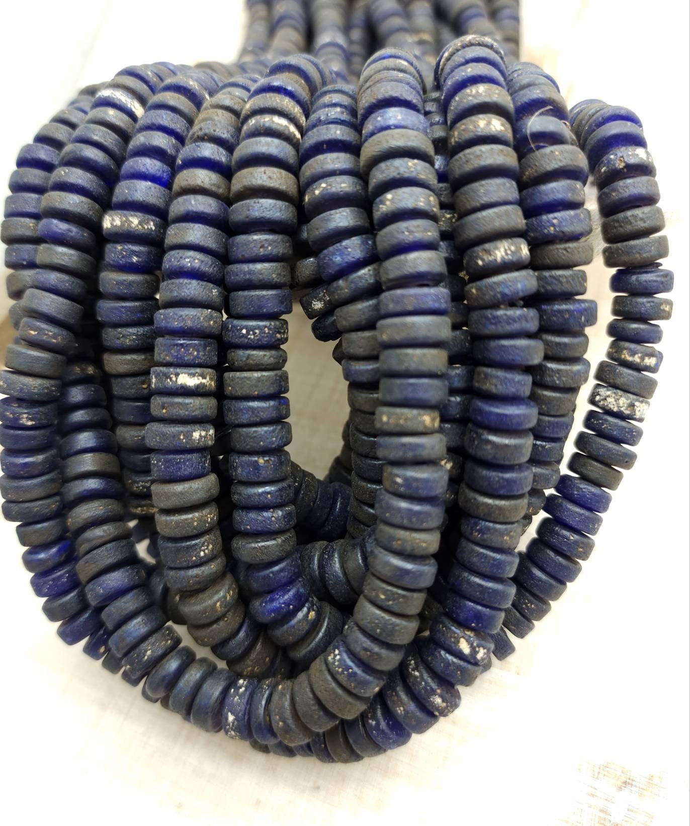 Blue Combat Glass Beads With Old Rustic Accent / Medium Raw Texture / 10-11mm Or 11-12mm 10"Long Strand /Indonesia / Java / Tribal / Ethnic