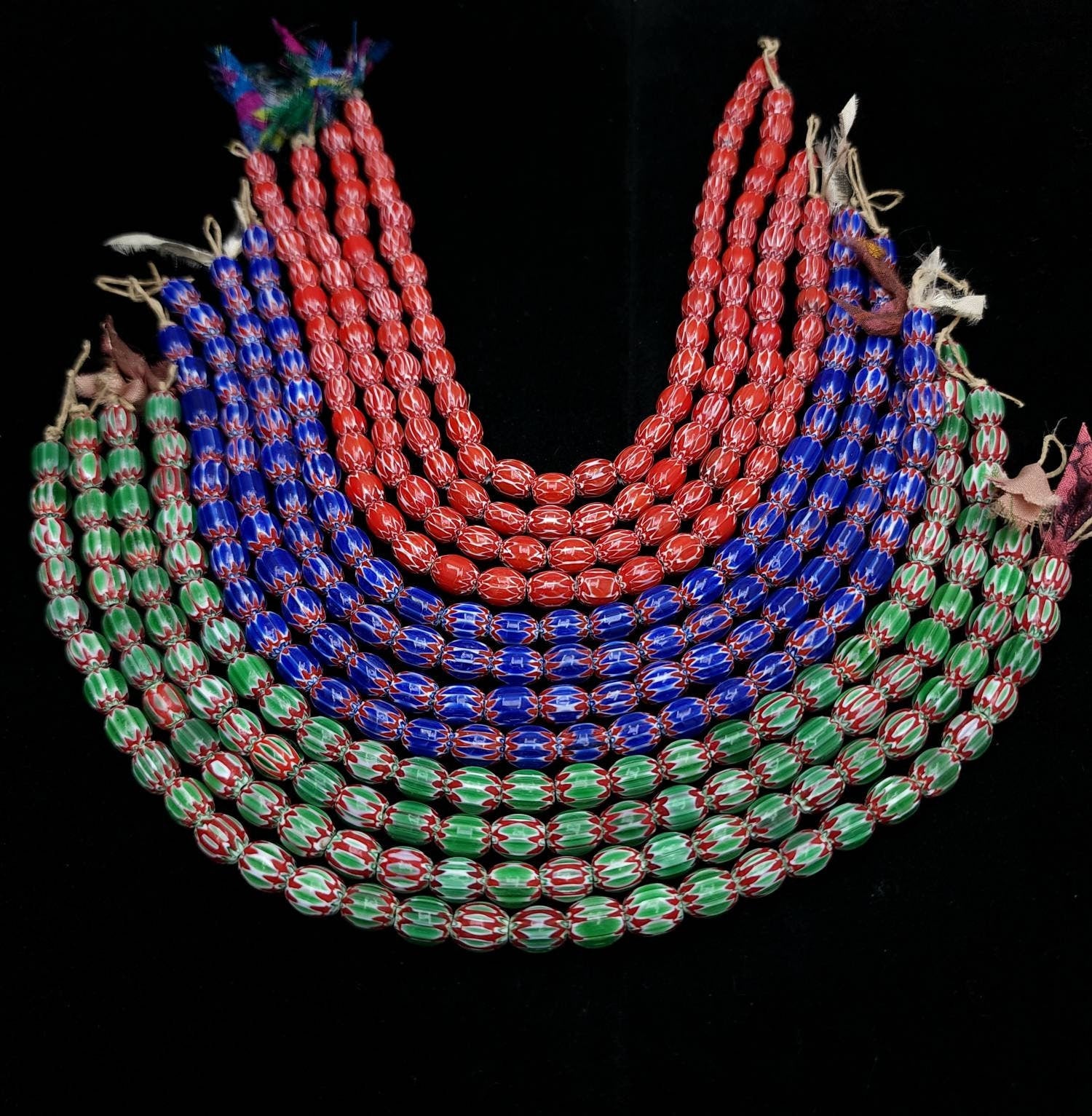 Multi-Layer India Handmade Chevron Glass Beads Choose Red, Blue Or Green / Strand 10"  30 Beads 7x9mm / Jewelry Making Supplies.