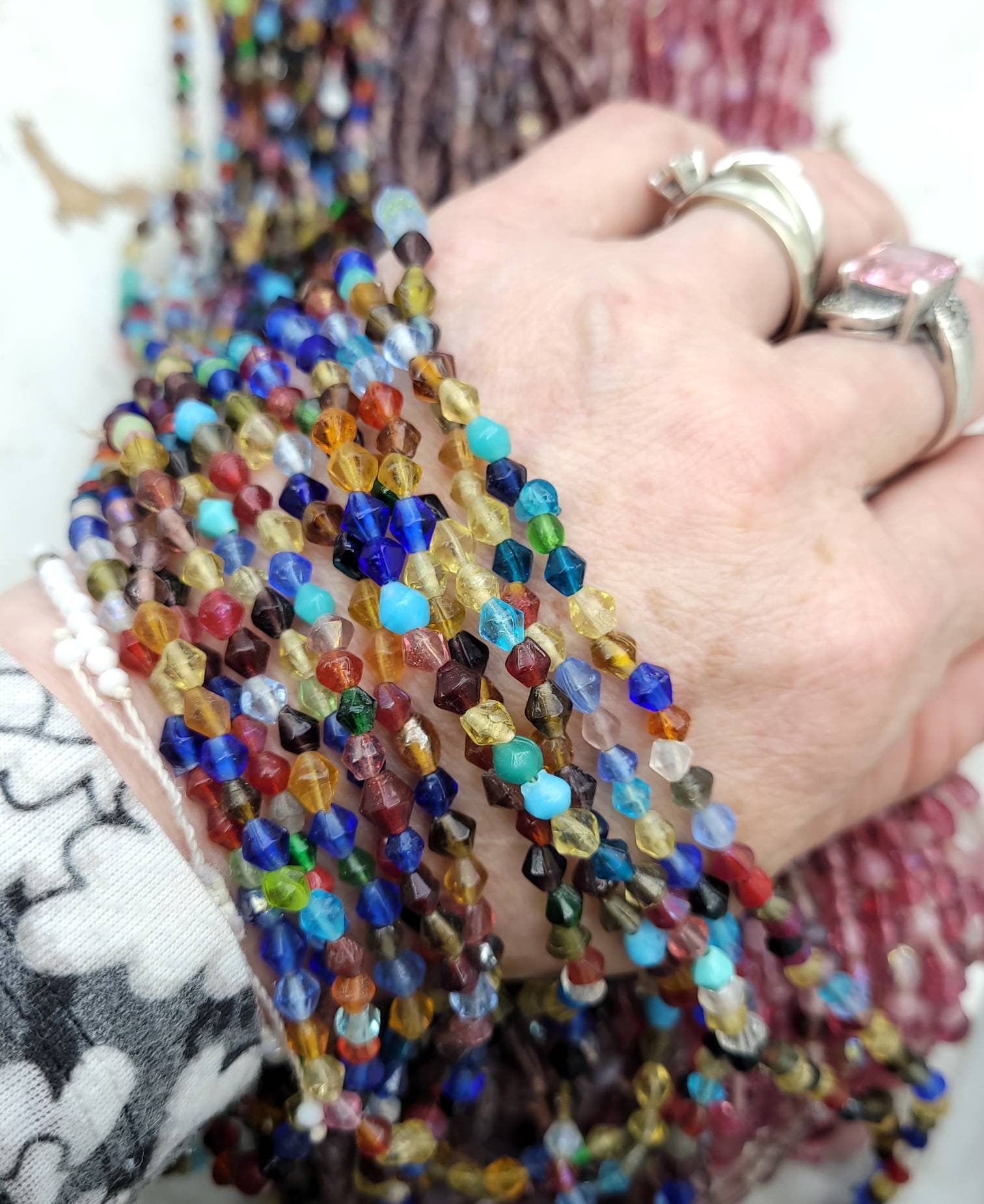 Lot Of 3 Strands 34-36" Inches Each Strand / Glass Beads / Pink / Lilac / Multicolor / Jewelry Supplies / Rosary.